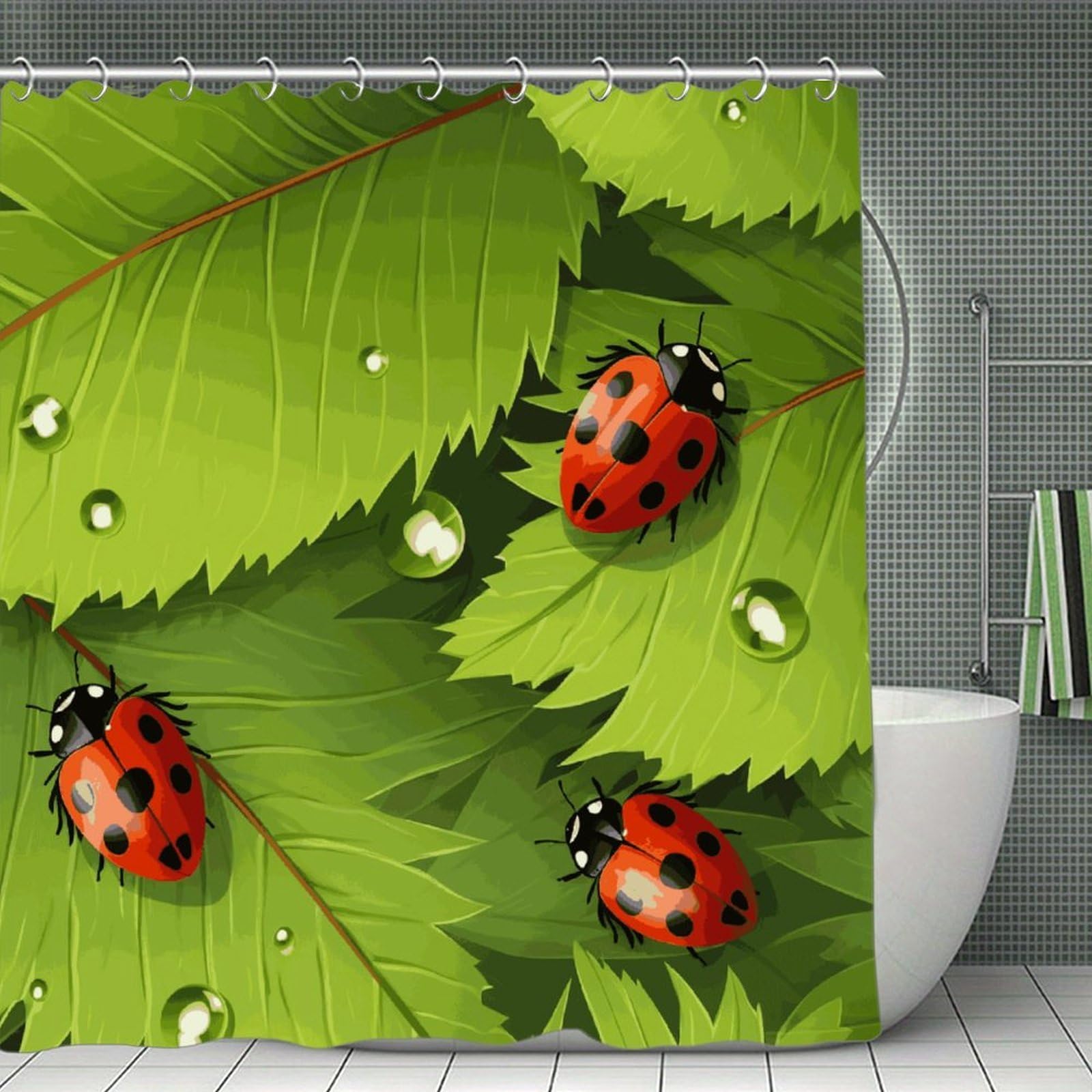 MUSM Leaves and Ladybugs Shower Curtain with Hooks Durable Thick Waterproof Bathroom Shower Curtains Fashion Funny Magic Decor Bath Curtains for Bathtub Shower Partition 71"x71"