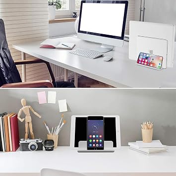 Vertical Laptop Stand [Updated Version], 3 Slot Desktop Stand Holder with Adjustable Dock, 4 in 1 Design Space-Saving Laptop Stand for Desk MacBook/Surface/Samsung/HP/Dell/Chrome Book (Silver)