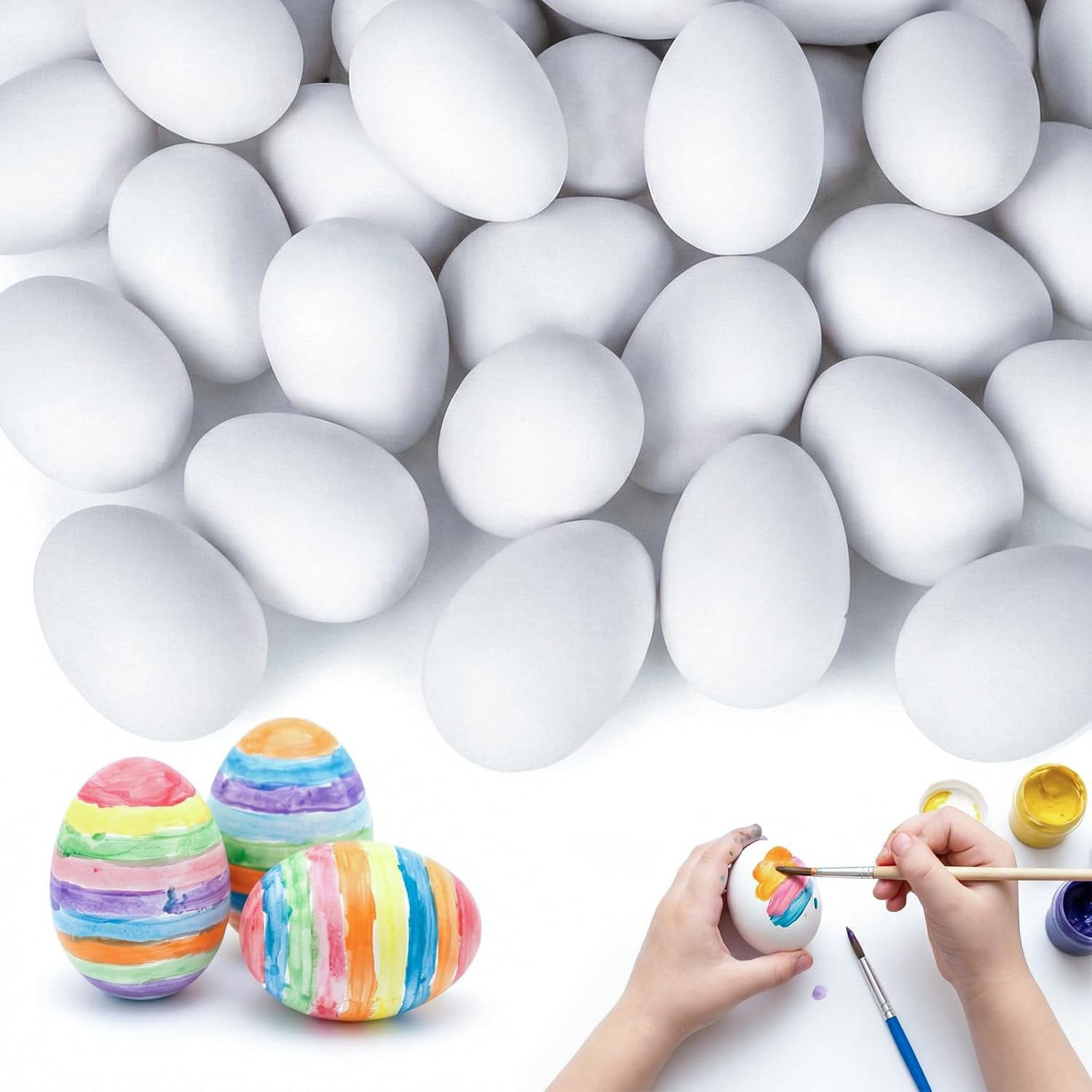 SallyFashion 60 PCS White Plastic Eggs，Easter Fake Eggs for Decorating Paint Toddler Pretend Play Food for Craft