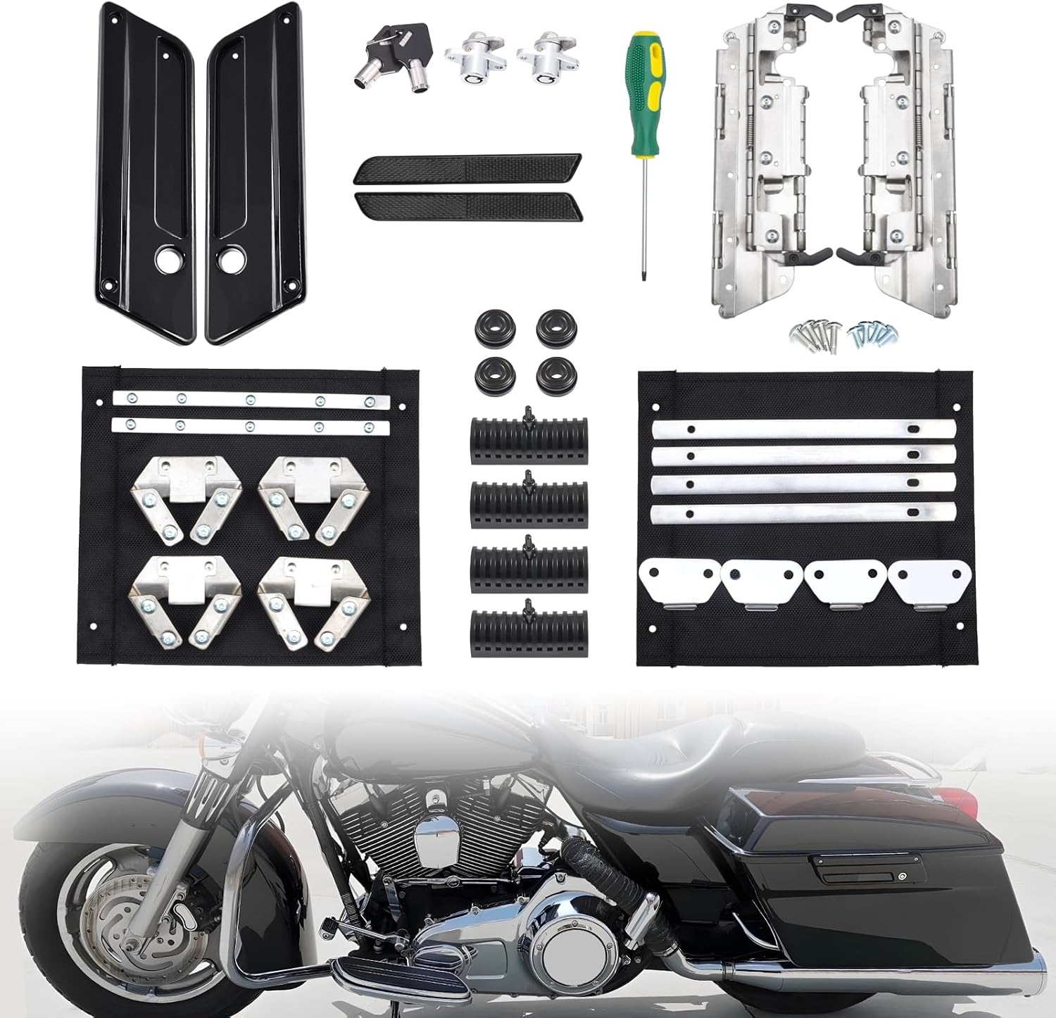 Amazicha Saddlebag Latch Hardware Kit, Hard Bag Latches Covers, Black Reflectors, Rubber Cushion, Locks Set Compatible for Harley Touring 1993-2013 Street Glide Electra Glide Road Glide Road King
