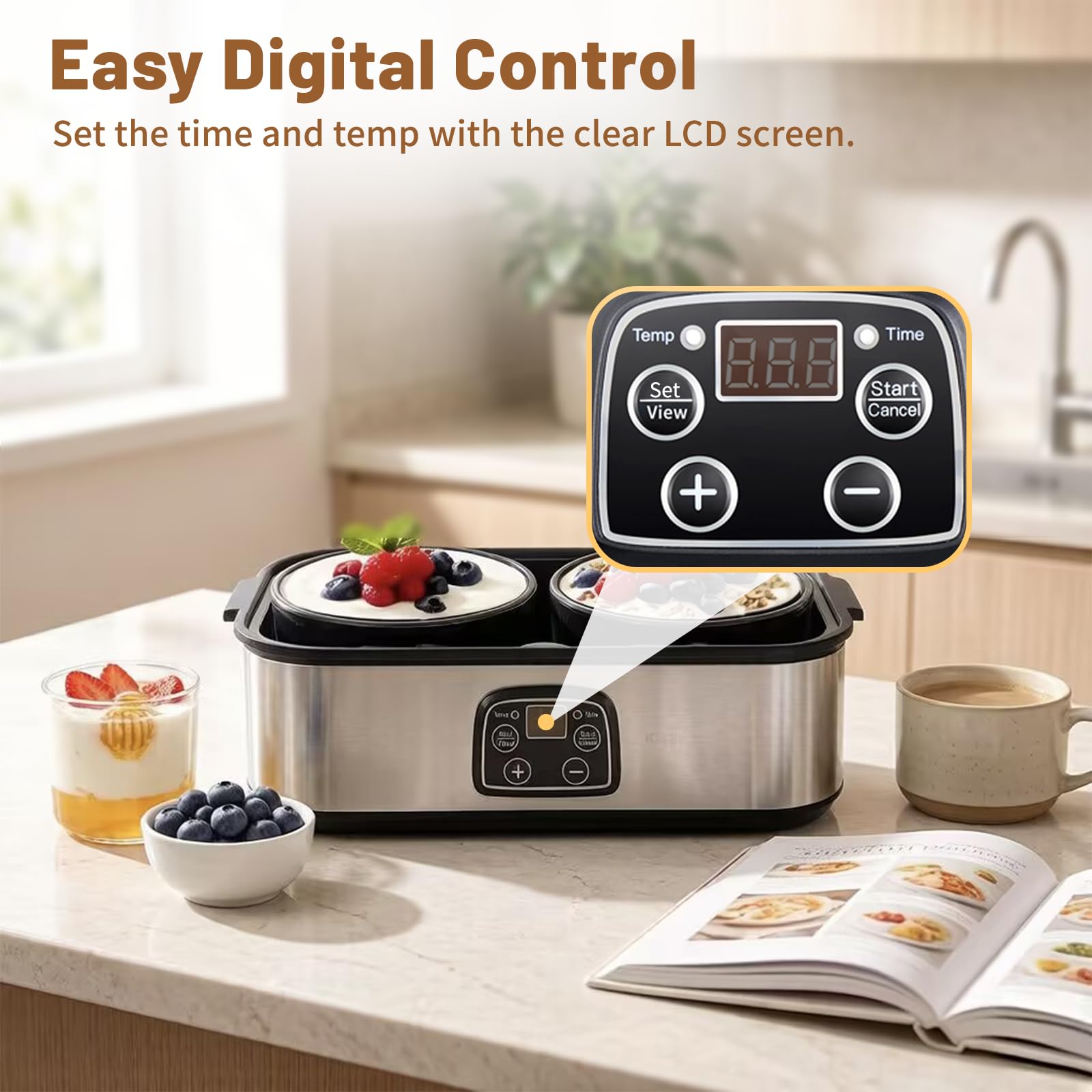 Joghurtbereiter, 2000 ml Joghurtmaschine mit 2 Gläsern, Joghurt Maker mit Temperaturregelung und Timer, LCD-Display, Yogurt Maker Elektrisch für Griechischer Joghurt, Käse, Natto