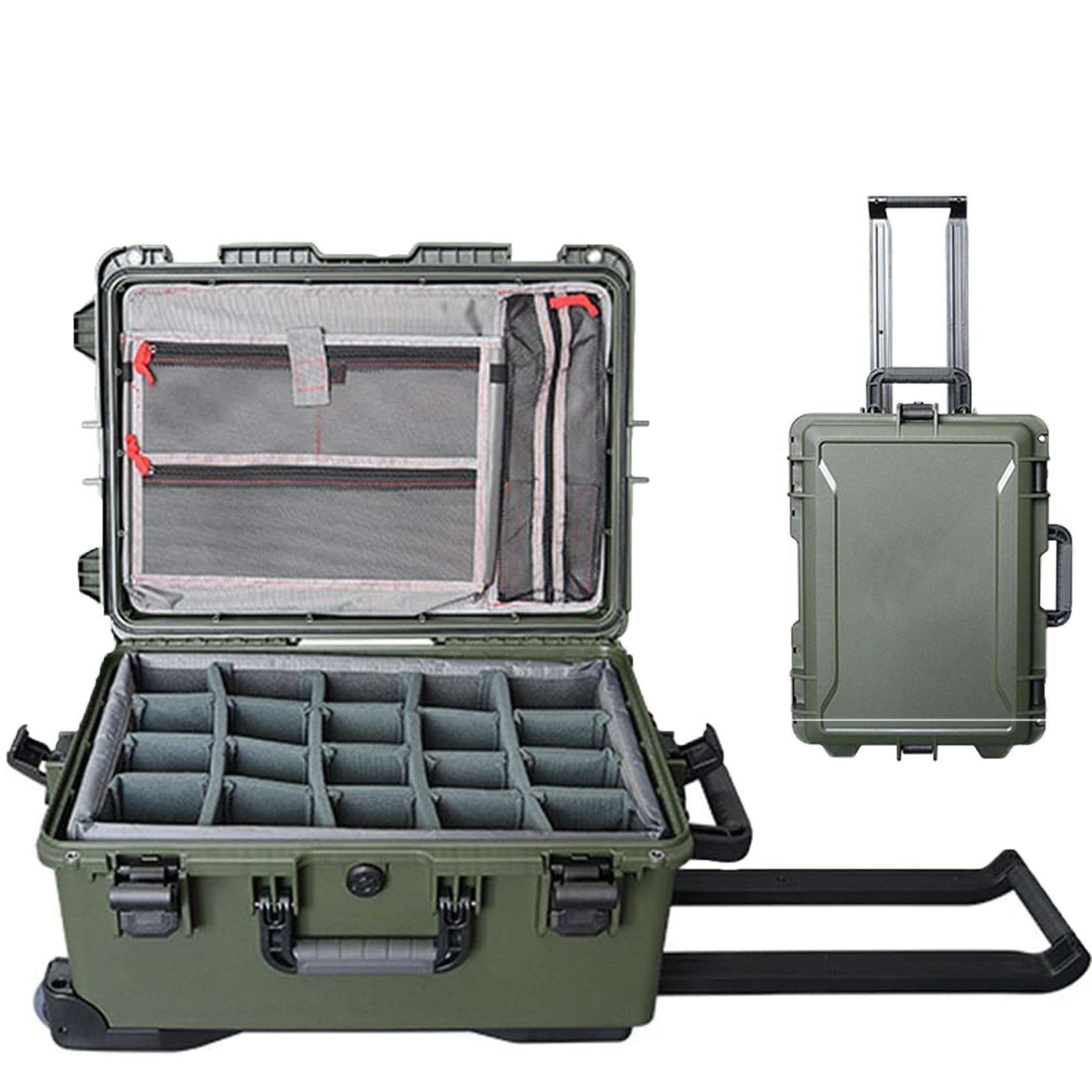 Funda rígida con ruedas con espuma personalizable para cámara y equipo de dron, Green