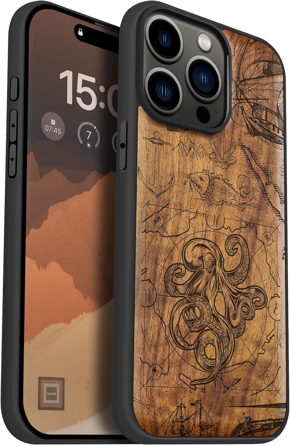 Carveit Magnetic Wooden Case for iPhone 15 Pro Max Case, Compatible with MagSafe Wireless Chargers, Black Soft TPU Shockproof Cover & Wood Artisan Engraved (Deep Sea Octopus) - Walnut