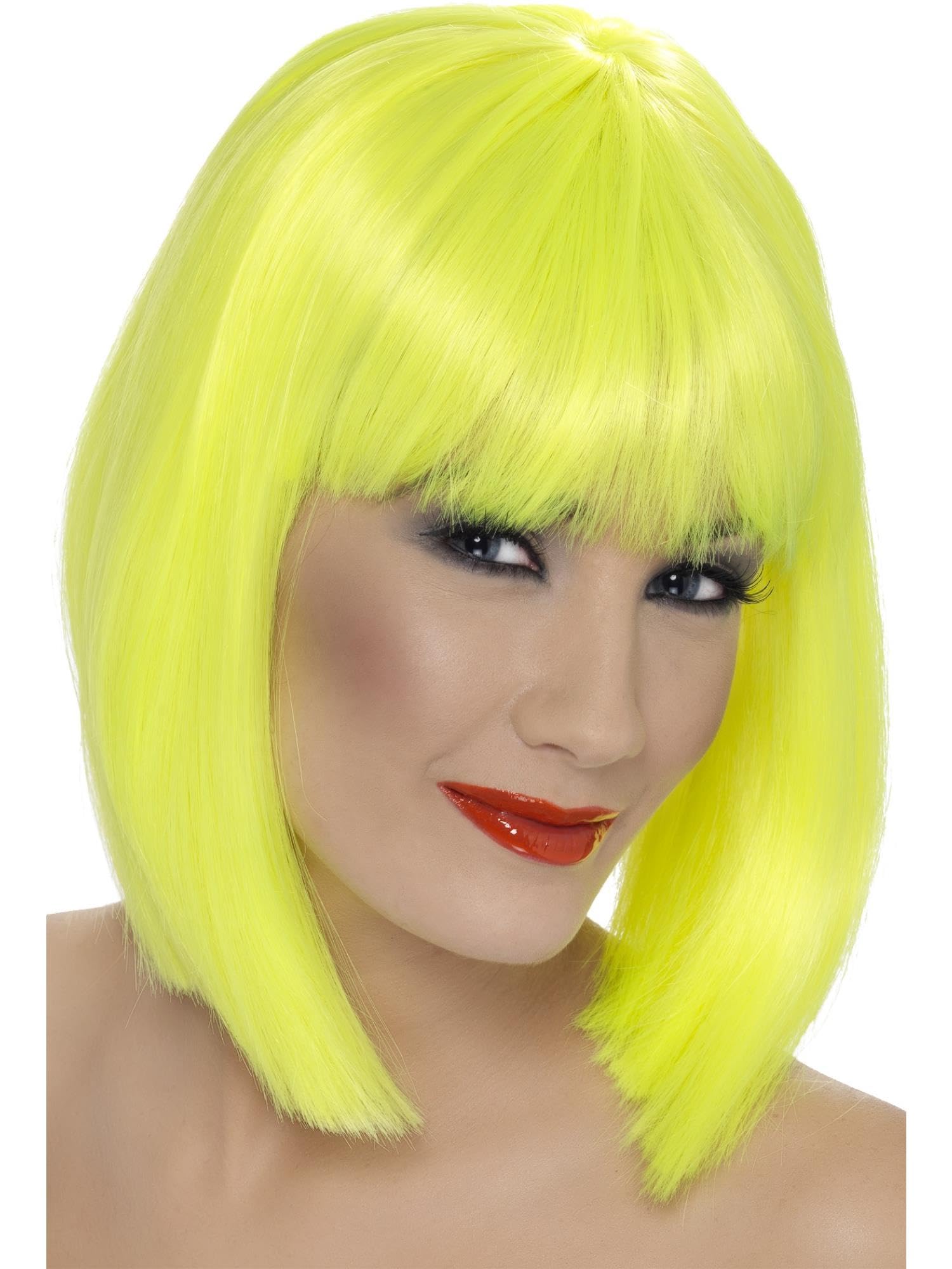 Smiffy's Short Neon Yellow Ladies Blunt Glam Wig With Fringe - Wig Glam Neon Short Fancy Dress Ladies Yellow Blunt Bob Fringe Accessory