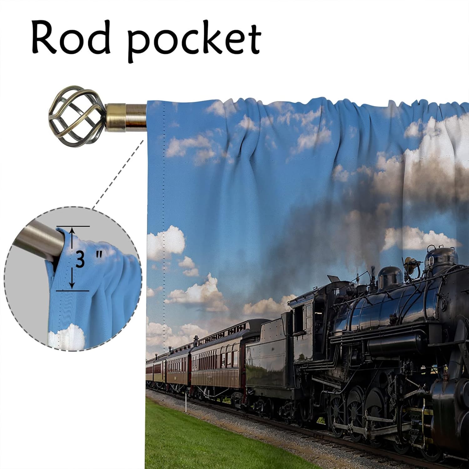 オールドトレイン遮光カーテン ホームデコレーション用 カラフル オールドトレインブルー ブラウン ロッドポケット 断熱ドレープ 暗く