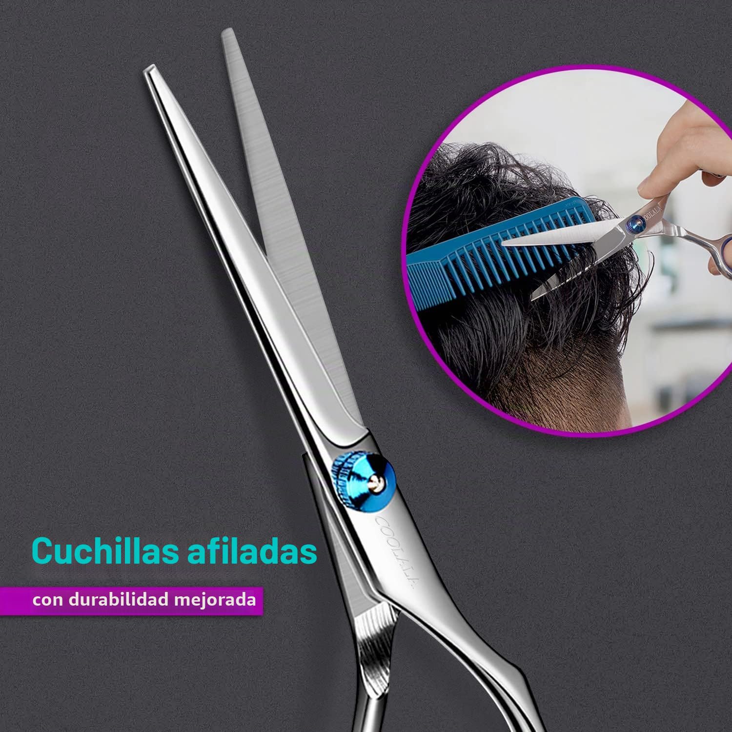 COOLALA Tijeras de corte de pelo de acero inoxidable de 6.5 pulgadas, tijeras de afeitar de peluquería profesionales, tijeras de corte de pelo, un peine incluido, uso doméstico para hombres, mujeres,