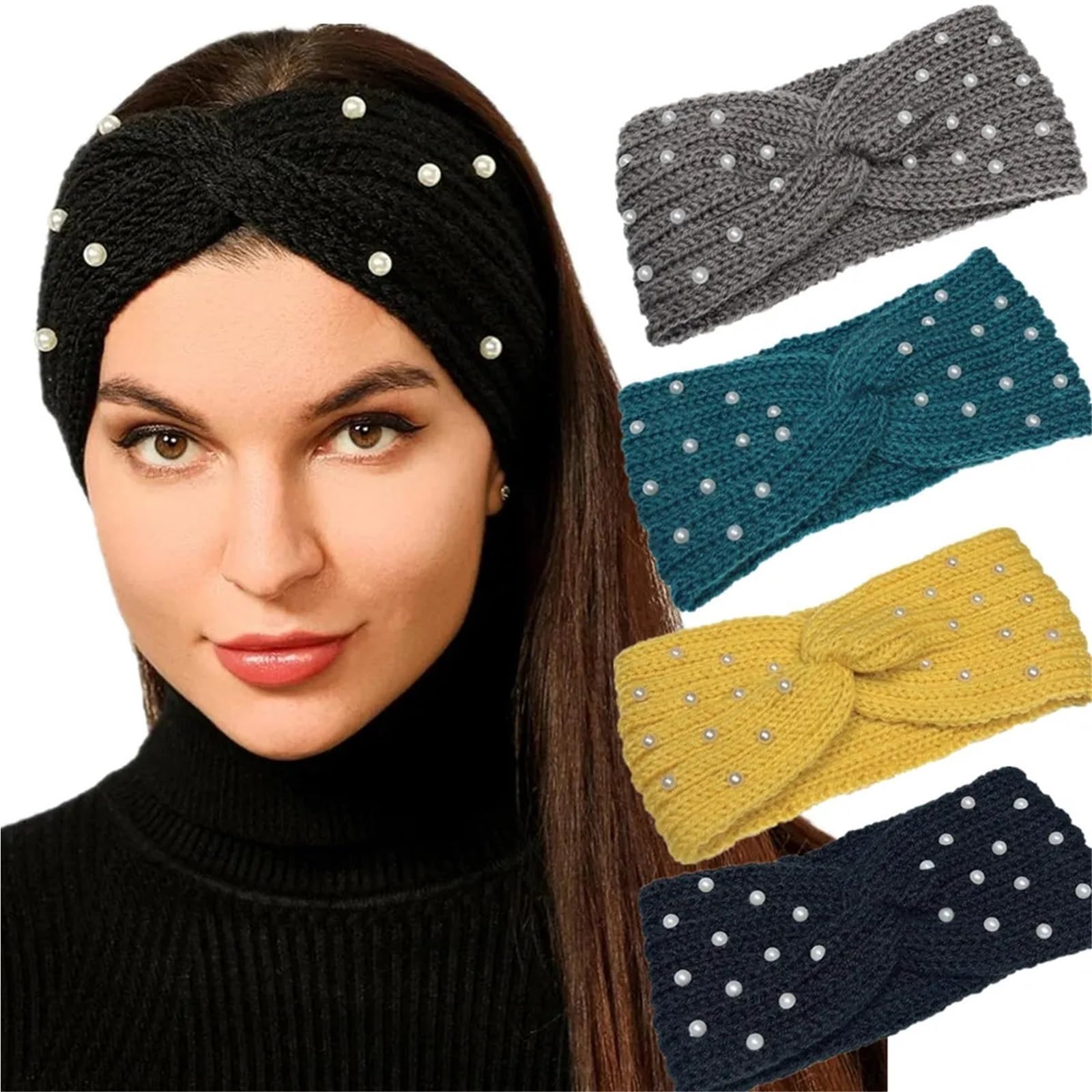 Stirnband 3PCS Perle Gestrickte Kreuz Stirnbänder for Frauen Mädchen Handgemachte Haar Zubehör Herbst Winter Headwear Ohr Wärmer Elastische Haarband Winter Stirnband(Yellow B)