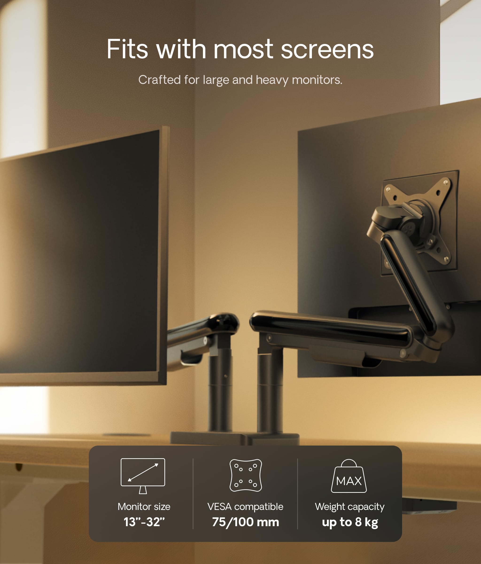 Desktronic Supporto Monitor per Doppio Schermo, Braccio Monitor Regolabile, Fissaggio da Scrivania, Rotazione a 360° e Inclinazione Completa, Ergonomico, VESA 75/100 mm, Nero