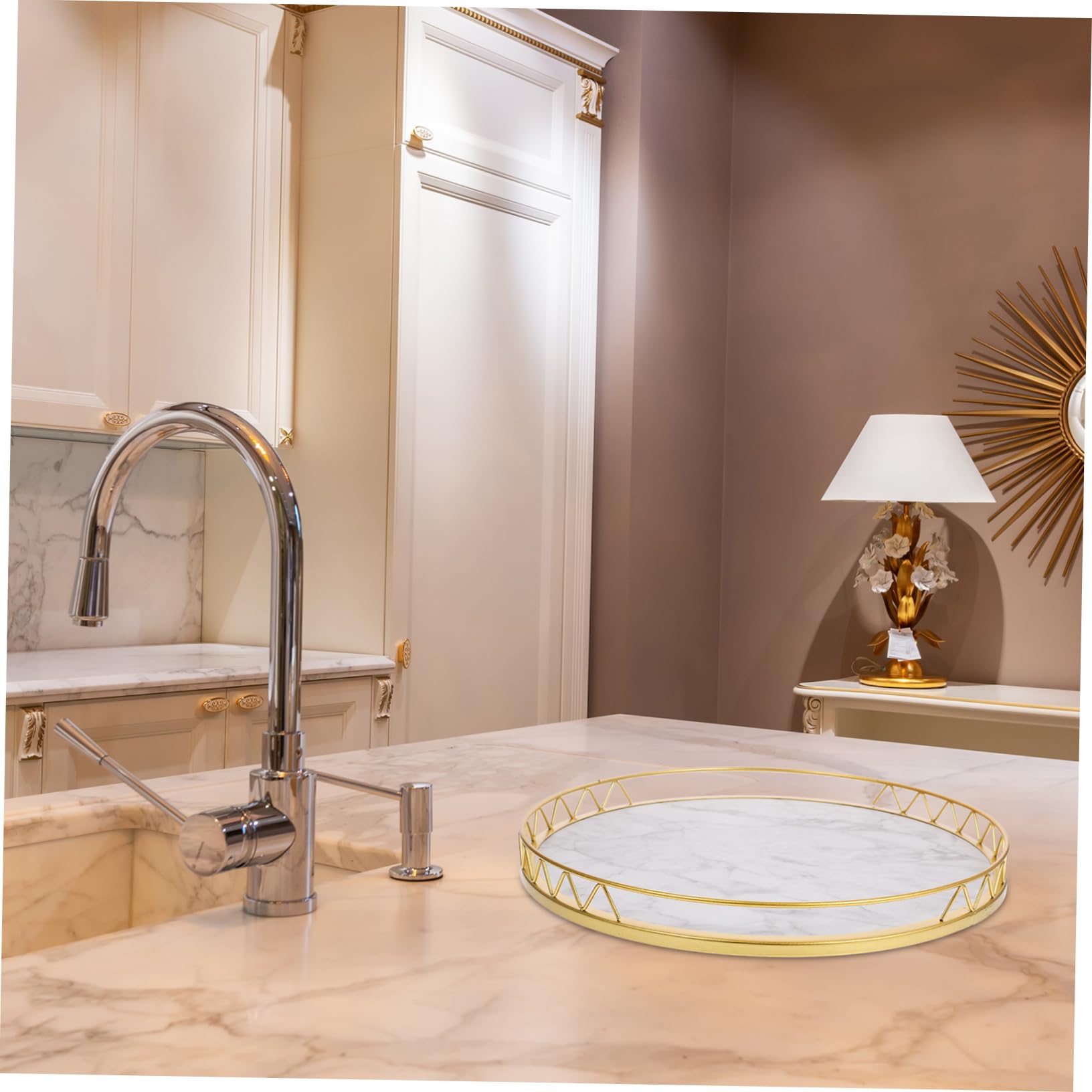 Vassoio Decorativo Rotondo in Legno e Metallo Marmo Oro | 1 Pezzo, per Frutta e Piante, Uso Domestico, Tavolo, Salotto, Ingresso