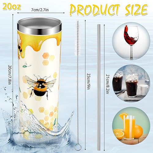 Miniatura 2 de Vaso de abeja de 20 onzas con tapa y pajilla, bolsa de cosméticos de abeja, bolsas de maquillaje y llaveros de abeja para amantes de las abejas,