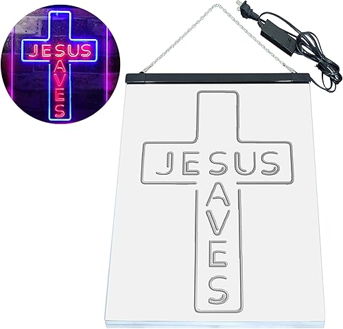 Miniatura 8 de Placa de pared con diseño de Jesús salva cruz, regalos de inauguración de la casa, letrero de neón LED de doble color, rojo y azul, 16 x 24 pulgadas