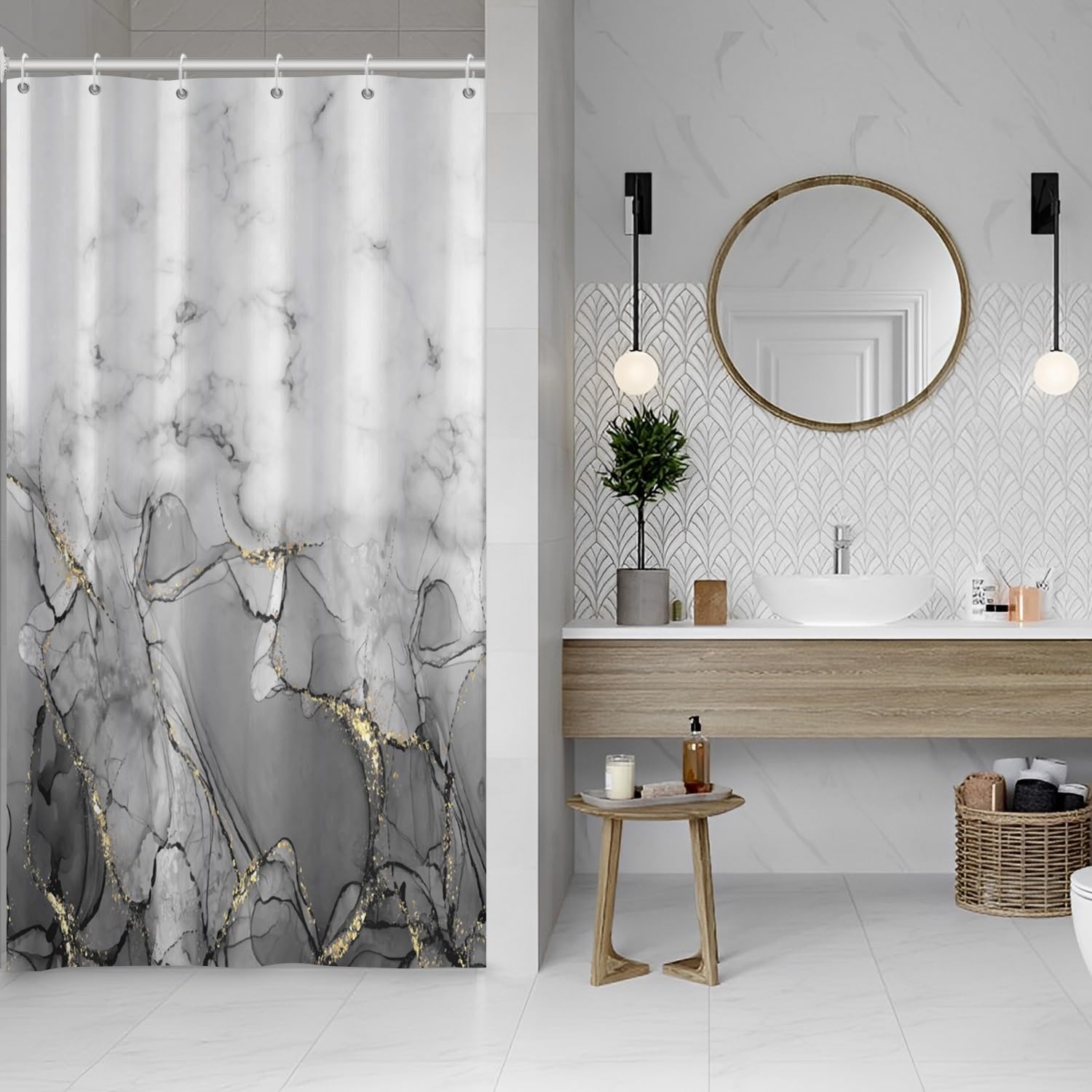 Rideau de douche marbre gris 91x183 cm étanche avec crochets