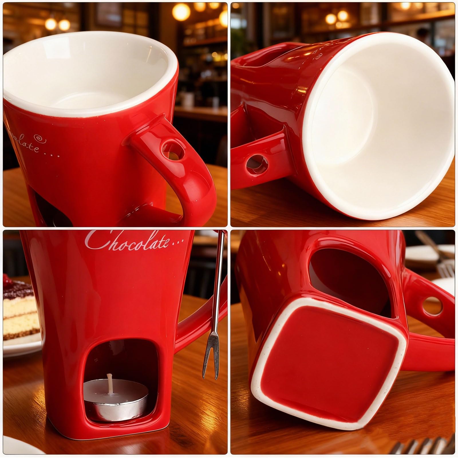 Taza de cerámica para fondue de chocolate, 130 ml, con portavelas y tenedores, fondue de chocolate, juego de fondue de chocolate, juego de fondue de chocolate, cazo para chocolate y queso, mantequilla