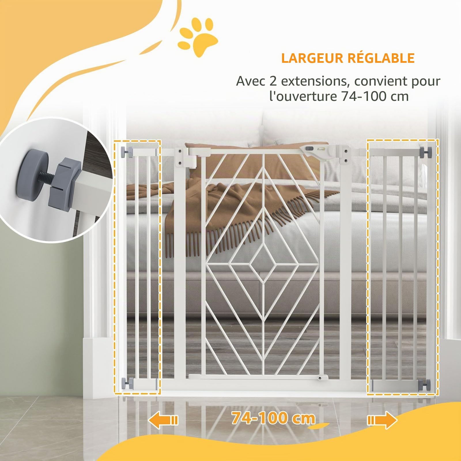 PawHut Grille de protection d'escalier pour chien, avec porte à fermeture automatique, sans perçage, pour chien, 74 à 100 cm, blanche