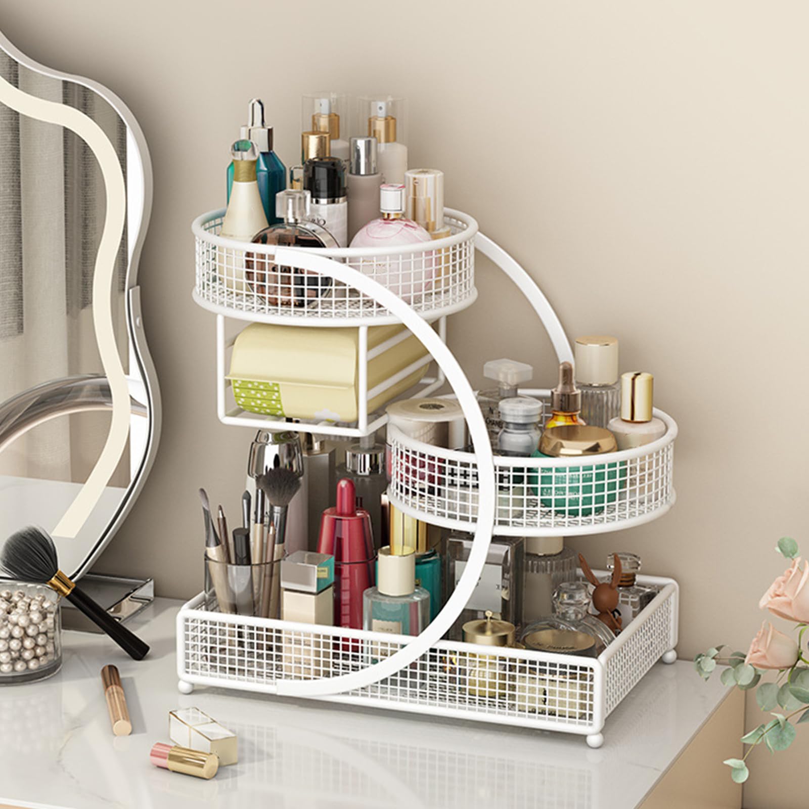 Étagère de rangement moderne pour maquillage - Construction en métal - Économie d'espace - Organisateurs cosmétiques pour comptoirs de salle de bain - Présentoir de maquillage en métal