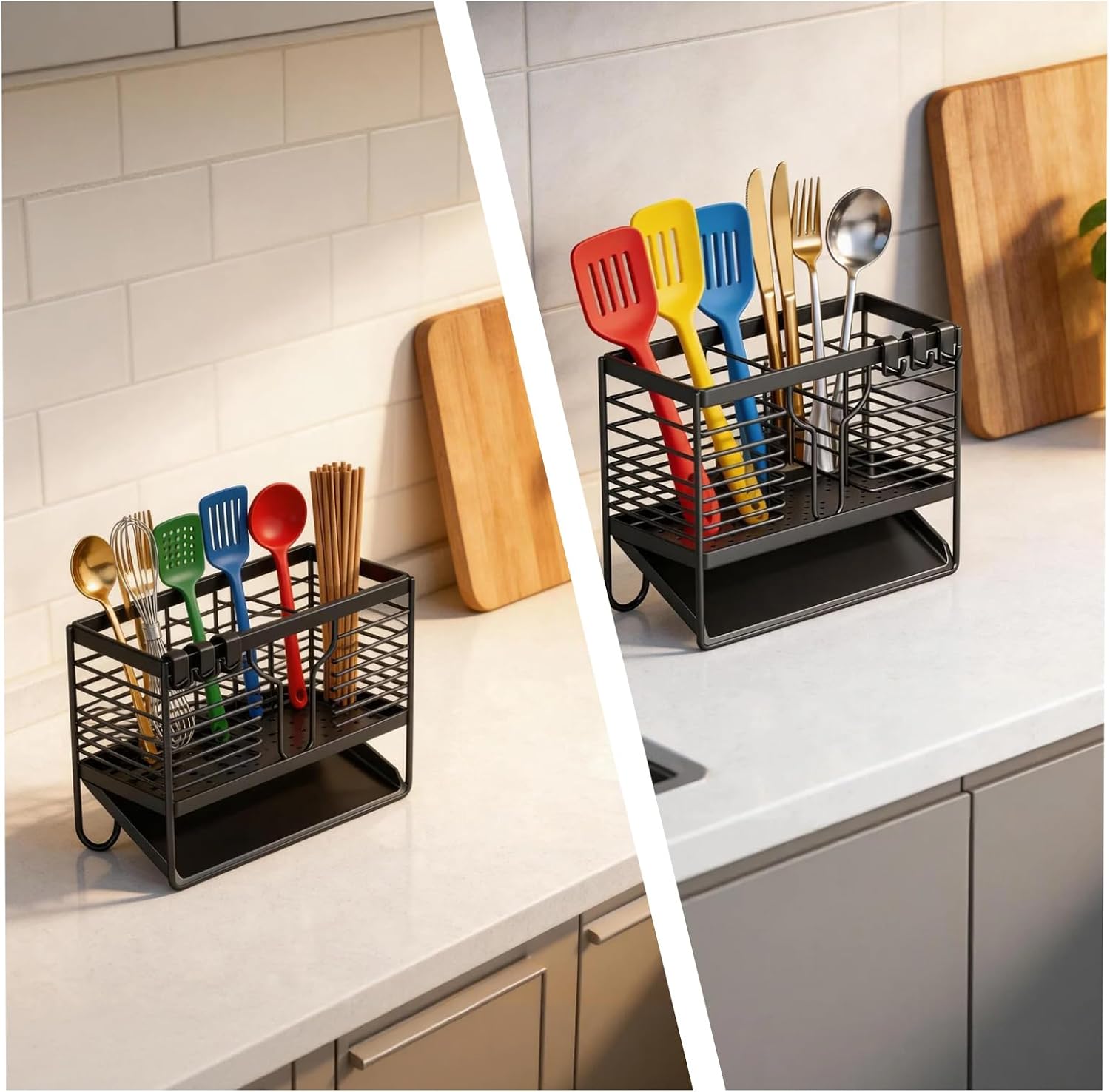 Upgraded Stainless Steel Utensil Drying Holder and Rack,3-Compartment Cutlery Drainer Countertop Silverware Organizer with Auto Drip Tray & Hooks (Black)