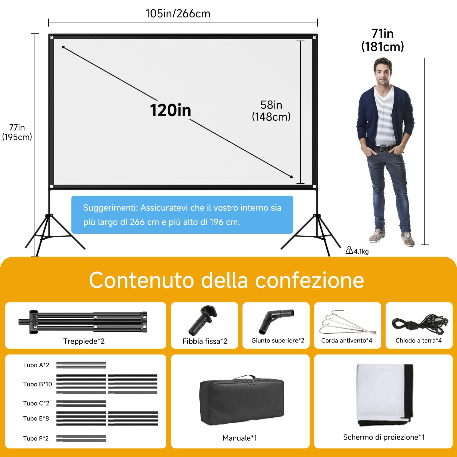 VISULAPEX 120 Pollici Telo Proiettore con Treppiede, Schermo Proiettore Portatile, 16:9, 4K HD Pieghevole per Proiettore con Borsa per il Trasporto per Interni ed Esterni, Home Cinema, Giardino
