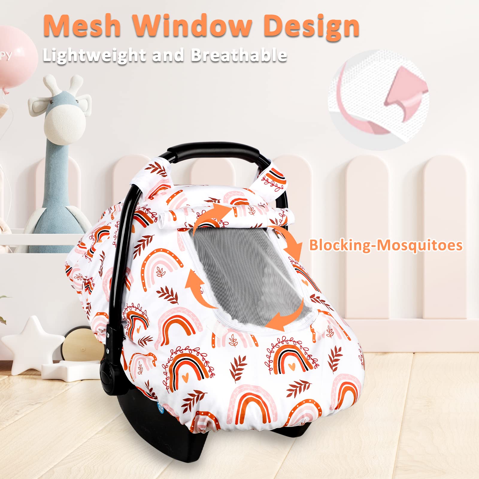 Pea Pod Baby-Autositzbezug für Mädchen, Regenbogen-Autositzbezüge für Neugeborene, 2 Schichten Fenster aus atmungsaktivem Netz/Stoff, leichtes Polyester, Minky Dot Rückseite, eng anliegende Passform
