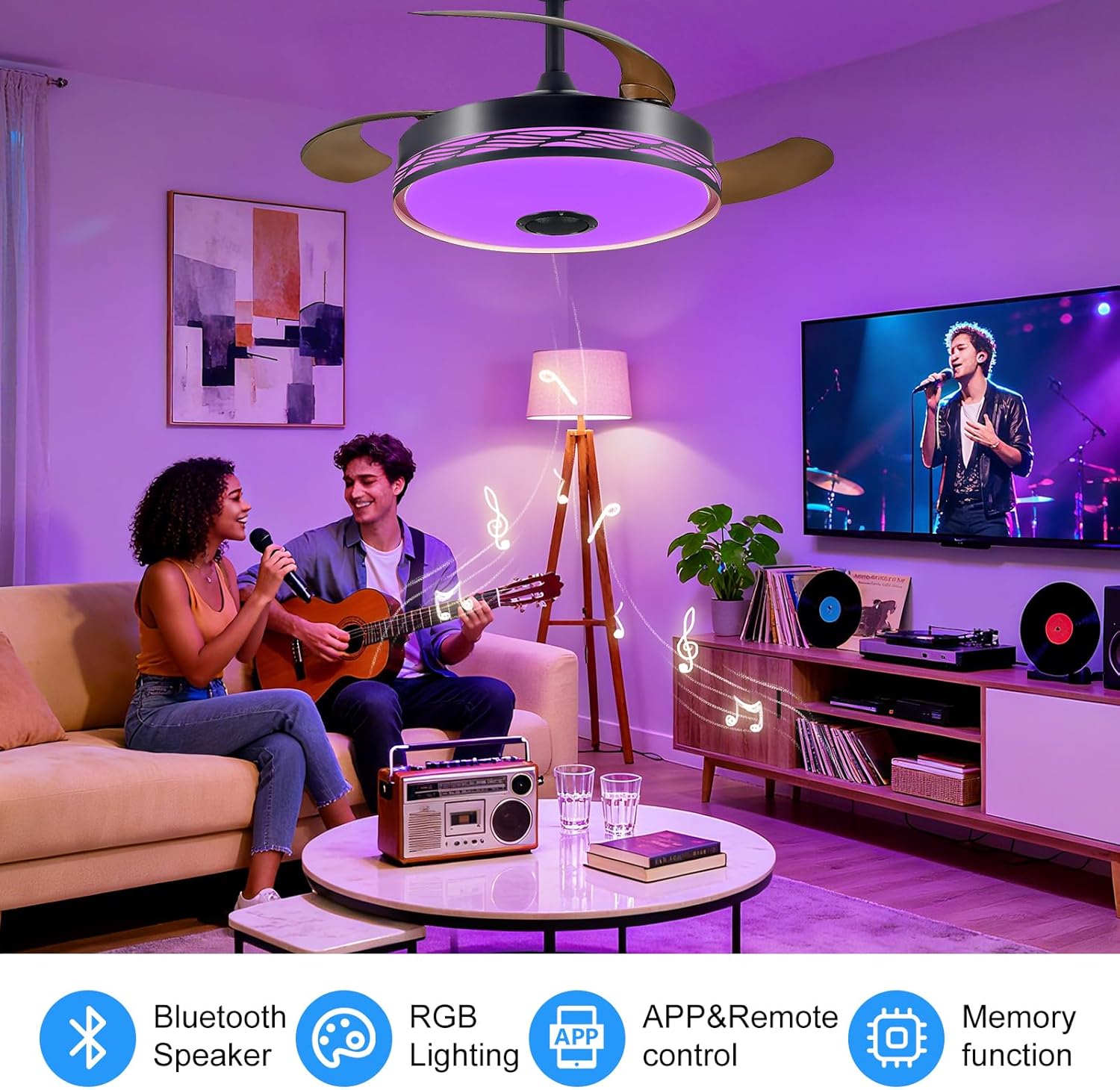 48" Retractable Ceiling Fan with Light, Fandelier Modern Smart Ceiling Fan with Bluetooth Speaker, APP/Remote Control, RGB Color, 6 Speed, LED Dimmable&Memory, Reversible Fan, Black