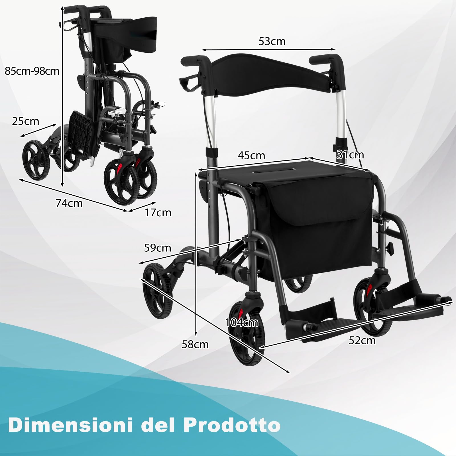 COSTWAY Deambulatore Multiuso 2 in 1, Deambulatore per Anziani in Alluminio con Altezza Regolabile a 6 Livelli, Poggiapiedi Pieghevole (Nero)