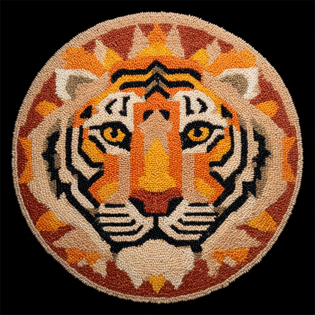 Rqwybcaxn DIY Latch Hook Rug Kit for Beginners Animal Crochet Starter Kit Tiger Portrait 60x60cm Round Pre-Printed Mesh Fabric Carpet Bedroom Home Decor