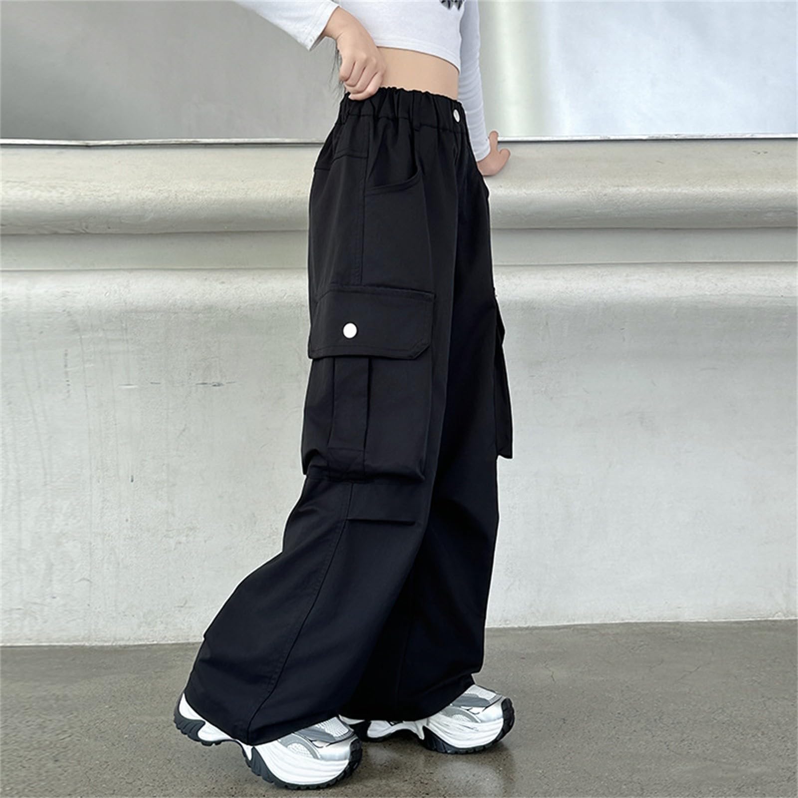 Pantalon cargo à jambe large avec poches pour filles - Taille élastique - Pantalon d'école tendance - Taille haute - Droit - Ample - Style hip-hop uni, Noir , 11-12 ans