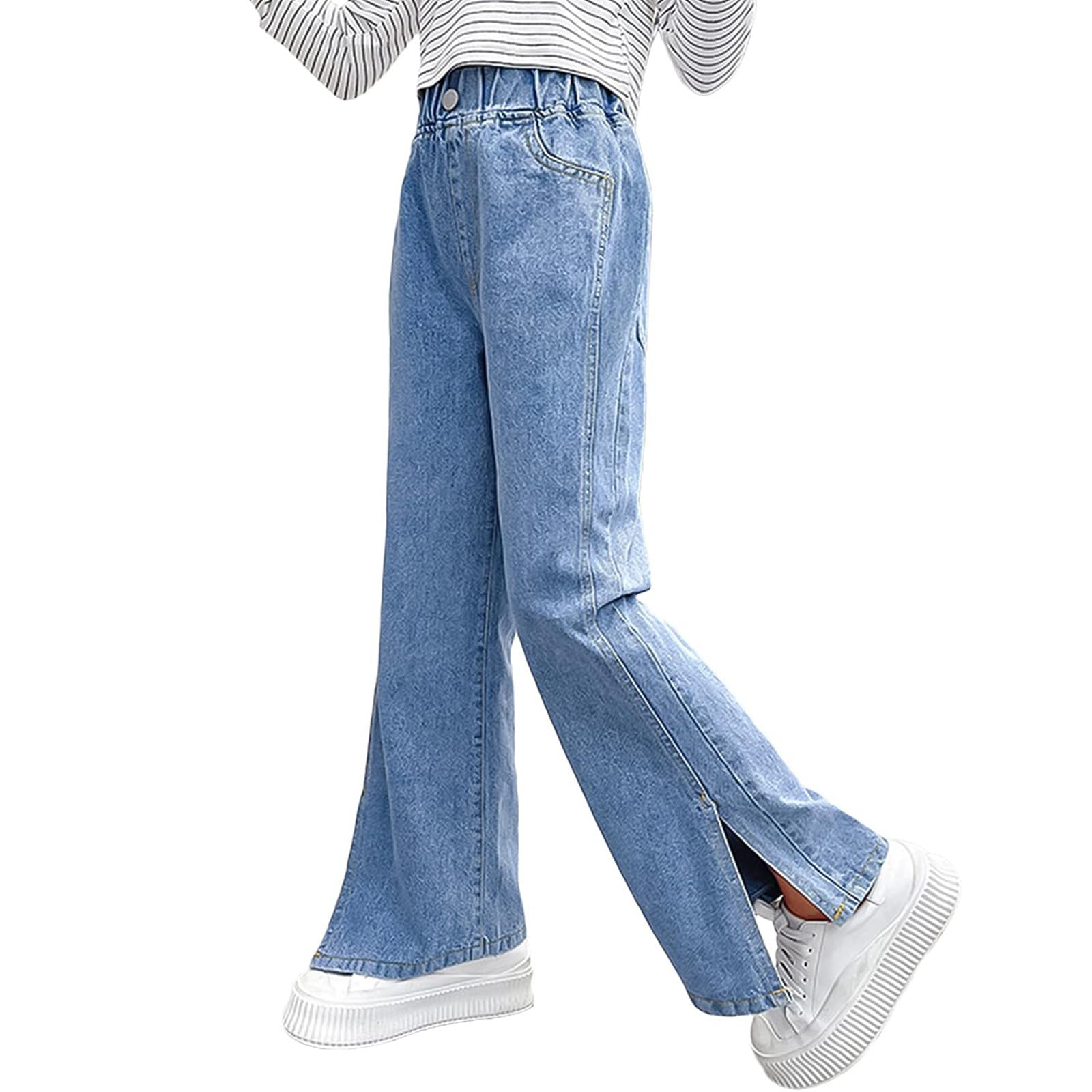 Rolanko Pantalones de mezclilla para niñas, cintura elástica, pierna ancha, holgados, ropa para niños de 4 a 14 años