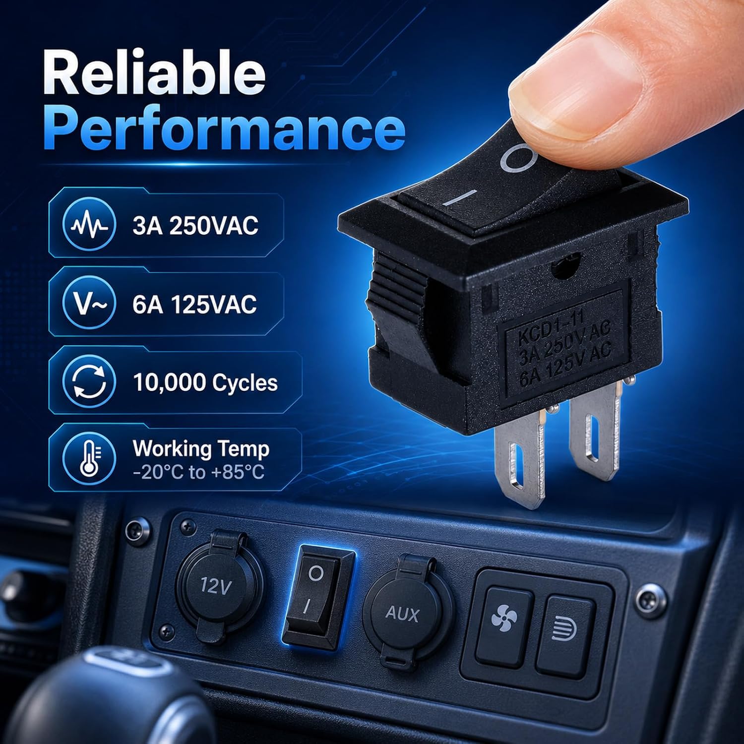 Mini Rocker Switch, 10 Pcs 2 Pin 2 Position 10 x 15mm On and Off Switch Car Auto Boat Snap-in Square Toggle Switches 3A 250V 6A 125V SPST KCD11 for Car Marine Home Appliances image 3