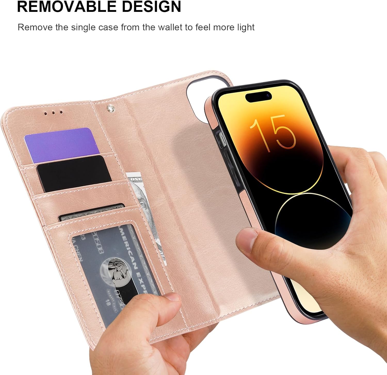 Bocasal Detachable Wallet Case for iPhone 15 Plus RFID Blocking Card Slots Holder Premium PU Leather Magnetic Kickstand Shockproof Wrist Strap Removable Flip Protective Cover 5G 6.7 inch (Rose Gold)