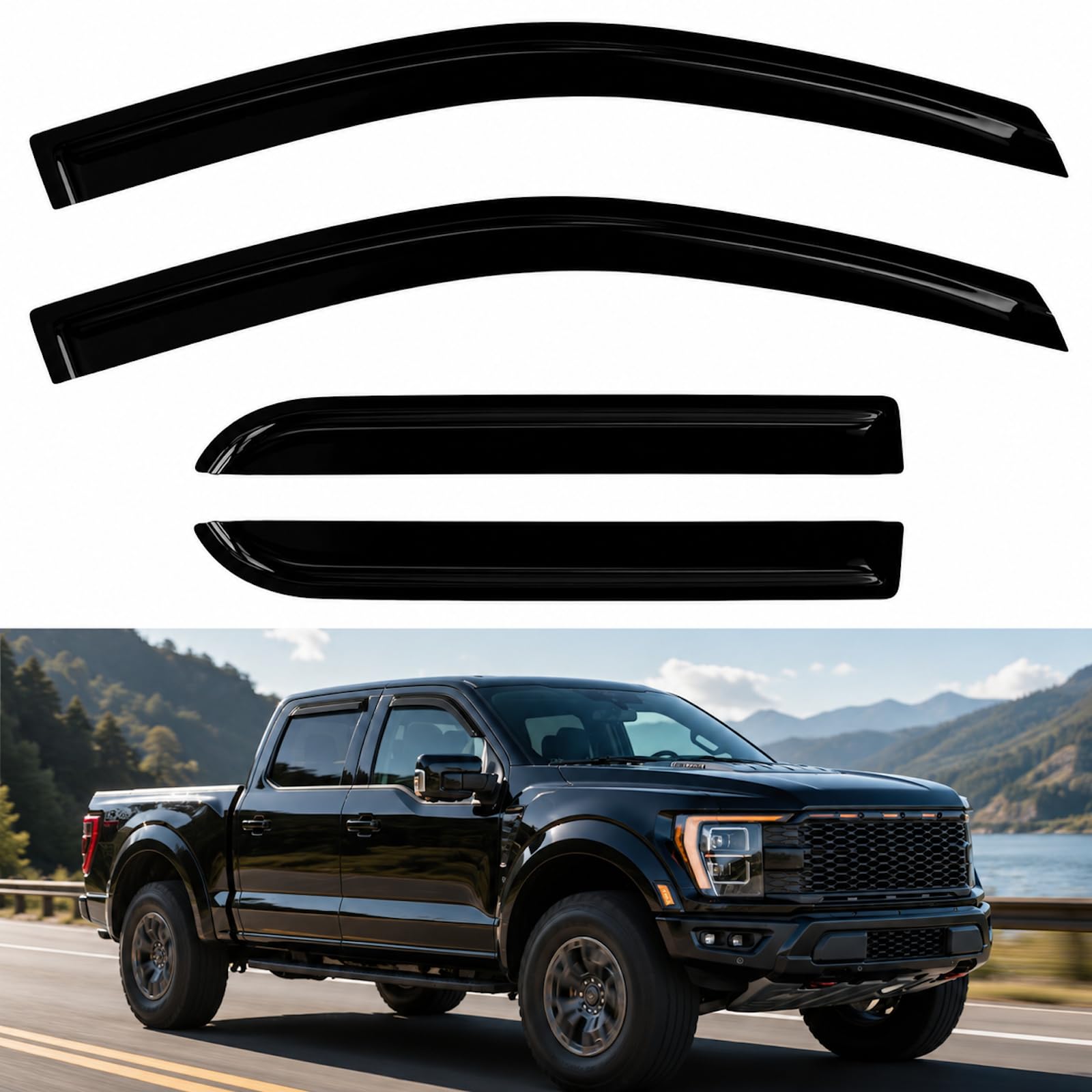 Photo 1 of DimFlux 4PC Rain Guards for 2015-2026 Ford F150 SuperCrew Window Visors for 2017-2026 F250 F350 F450 F550 Super Duty Deflectors Sun Shades Vent Tape On Out Channel