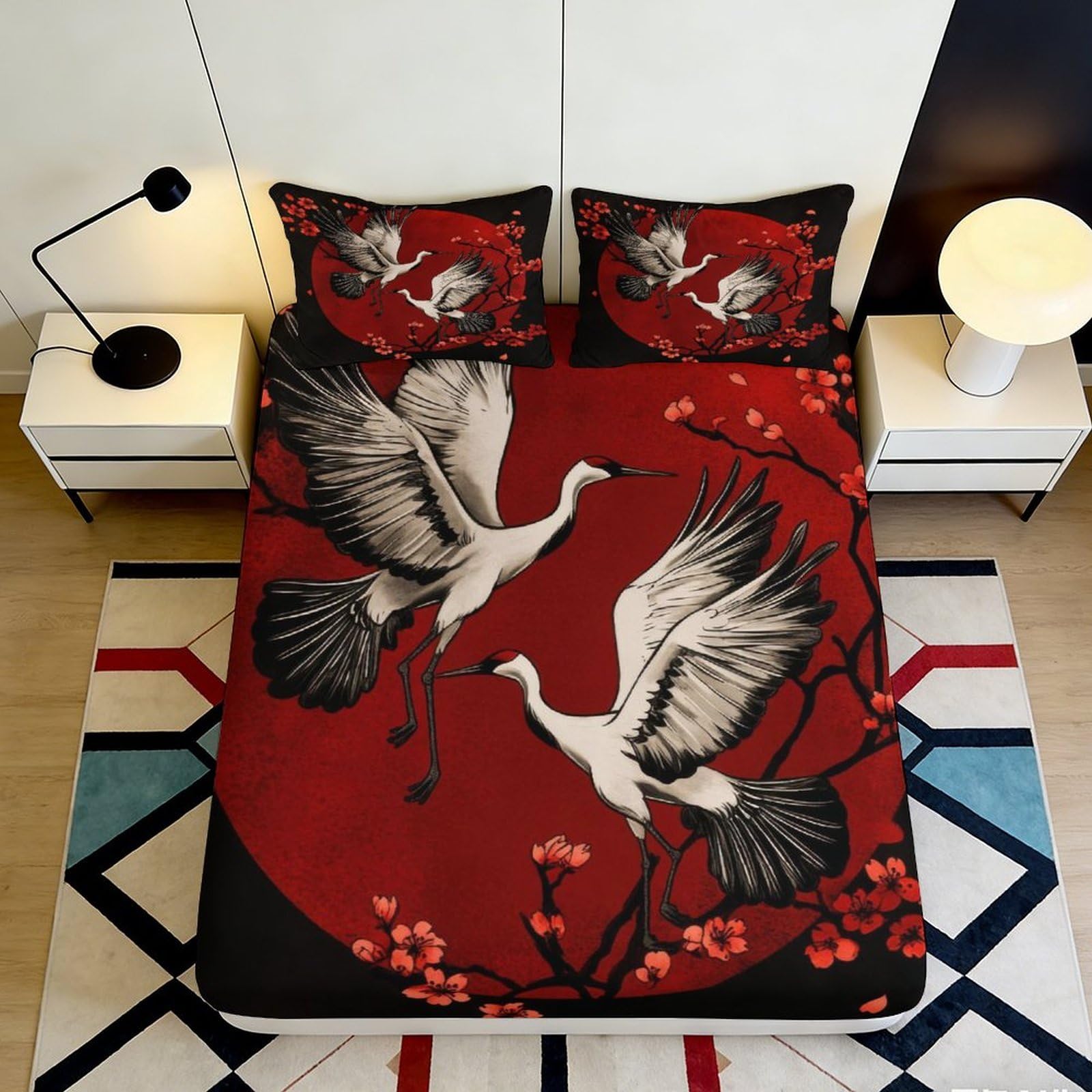 3D Printed Japanese Crane Fitted Sheet Microfiber Red Sakura Bed Cover for Bedroom Guestroom Decor Mattress Protection 90x200x25cm