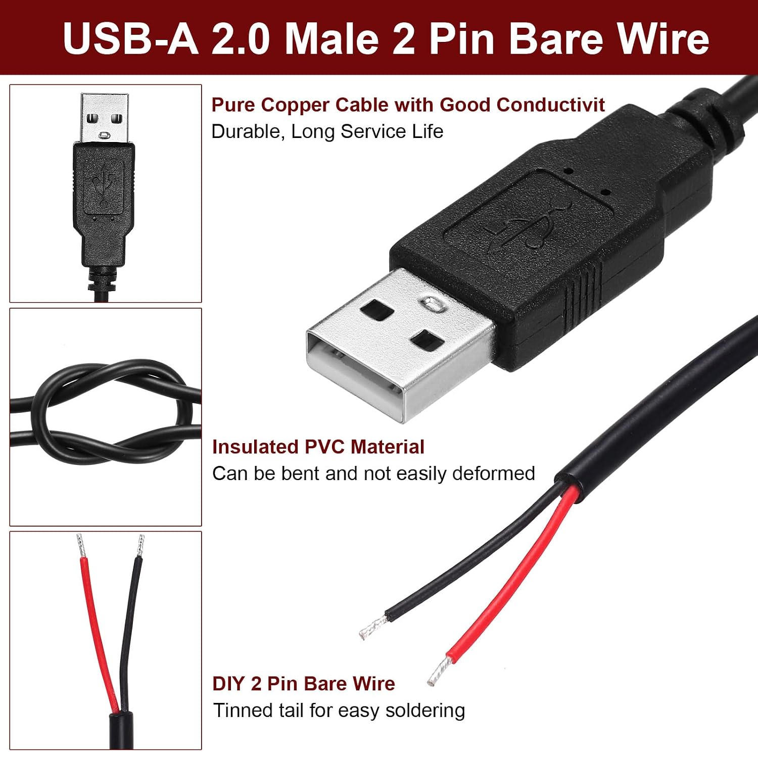 MECCANIXITY 2M/6.6Ft USB A 2.0 Male Plug Bare Wire Pigtail Cable, 22AWG 12V 3A USB A Plug to 2 Pin Bare Wire Open End Connector Plug for DIY Mouse Keyboard Fan Equipment Replace Repair 2Pcs image 3