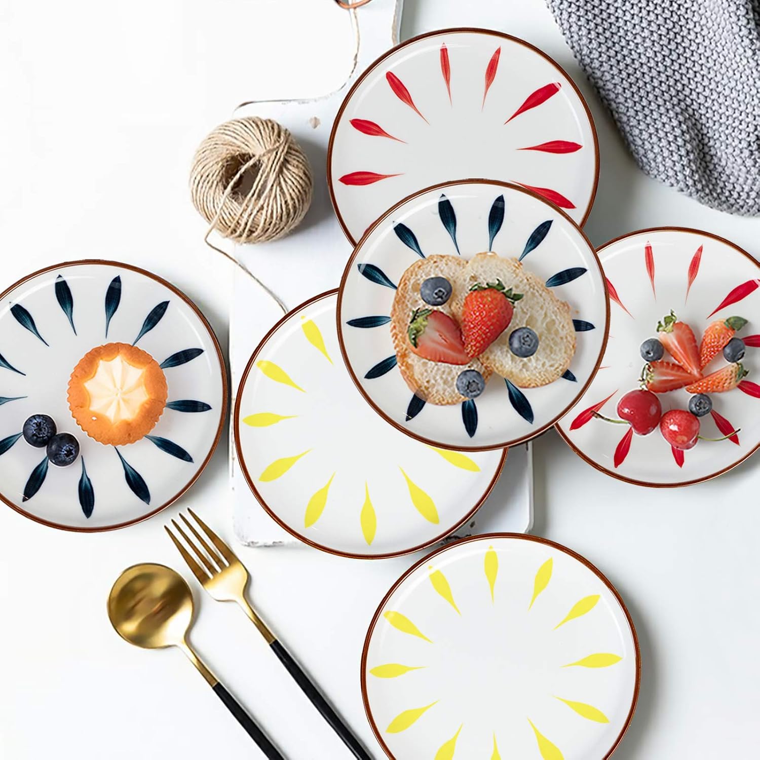 Aquiver 6'' Ceramic Dessert Plates - Color Painted Porcelain Appetizer Plates - Tea Party Small Serving Plates for Cake, Pie, Snacks, Ice Cream, Side Dish, Waffles - Set of 6 (3 Colors) - Image 6