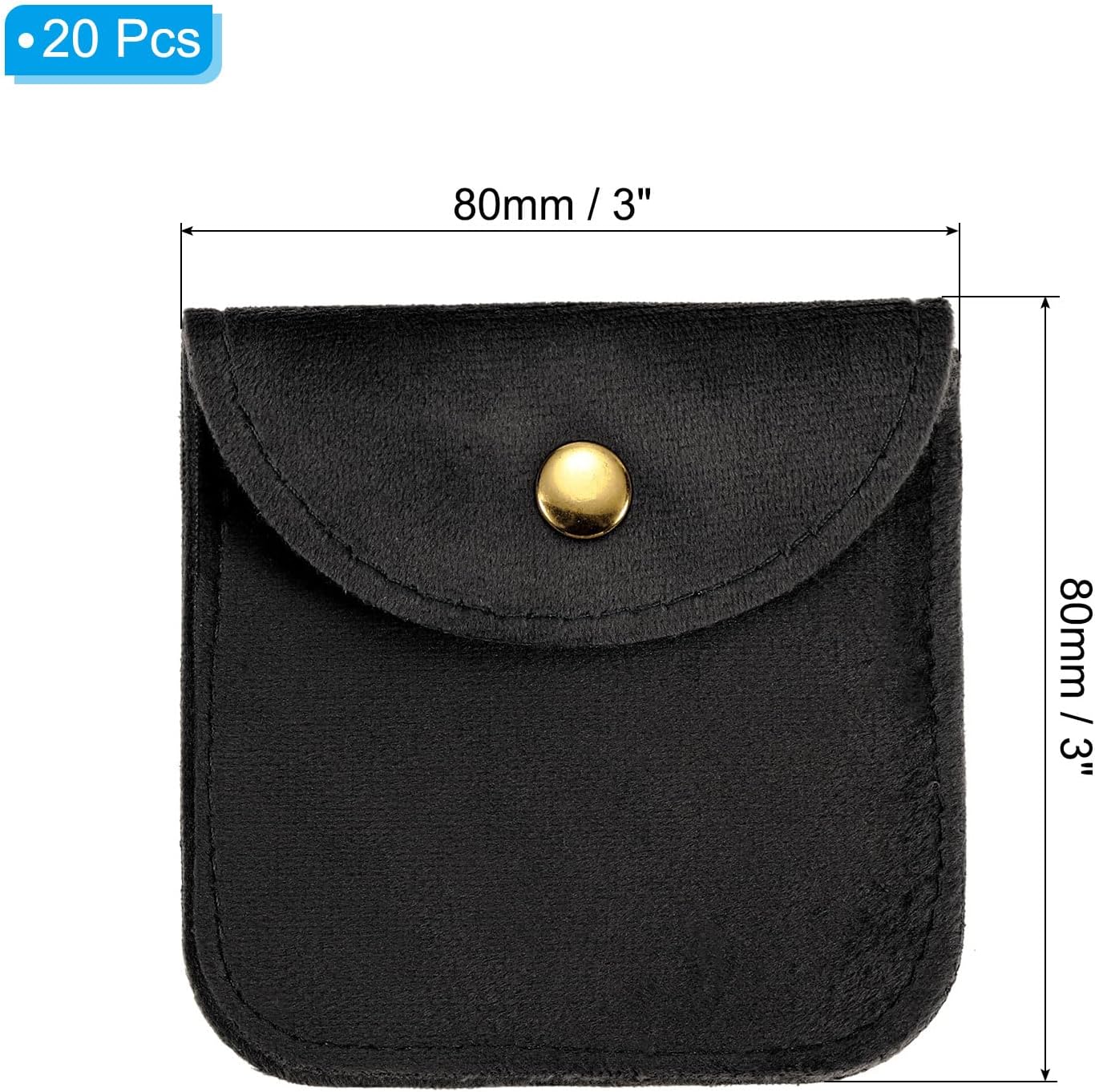 PATIKIL Jewelry Pouch, 20 Pack 3 x 3 Inch Soft Velvet Pouches with Snap Button Portable Storage for Rings Necklace Bracelet Earring Watch, Black