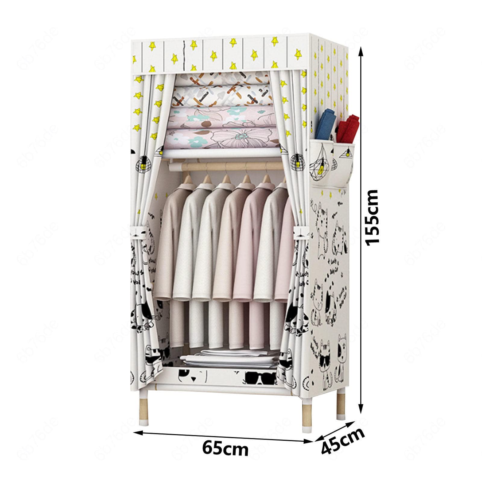 Tragbarer Kleiderschrank aus Segeltuch, Regale, faltbarer Schrank mit Kleiderstange und Seitentaschen, Kleiderschrank, Aufbewahrungsorganisator für Kleidung, Taschen, B-65 x 45 x 1