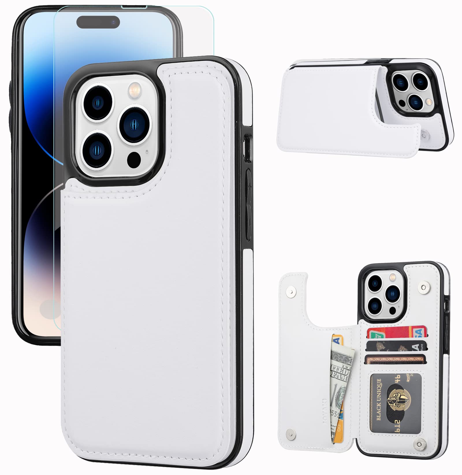 Wallet Case Compatible with iPhone 14 Pro Max, Slim case with Card Holder,Premium PU Leather Kickstand Card Slots Case with a Screen Protector -White White iPhone 14 pro max 6.7"