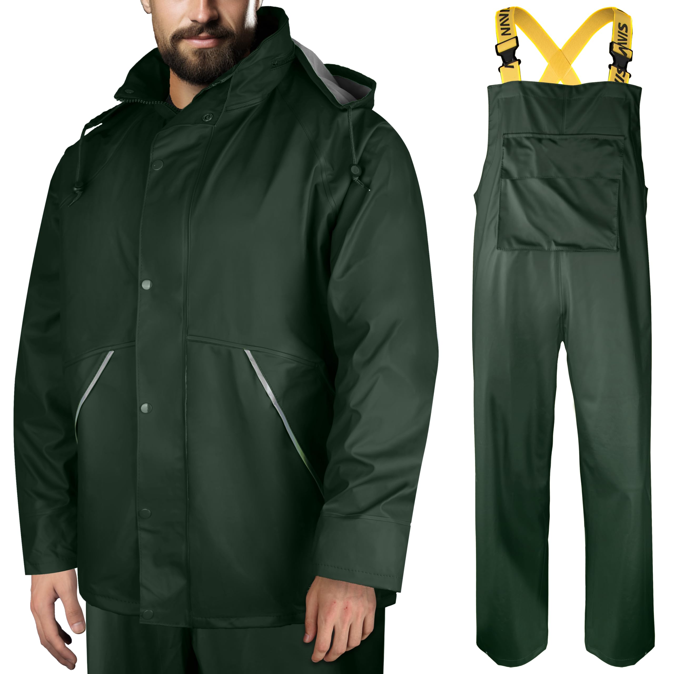 FWGWorkwear Ultimate Waterproof Stretch Rain Jacket & Bib Pants Combo Suit - Durable Worker's Gear with Packable Hood