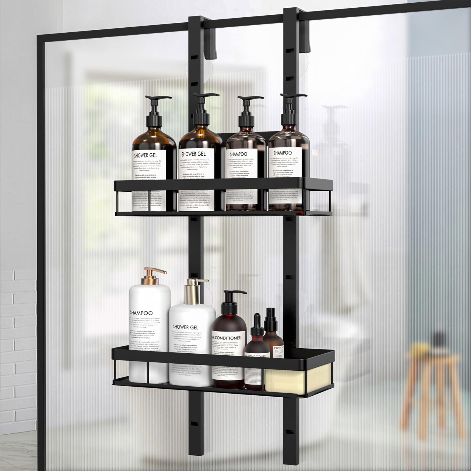 Diwoker Shower Caddy Hanging - Over Door Shower Shelf, Adjustable Height Bathroom Storage No Drilling Hanging Shower Organiser (Black, 2-Tier)