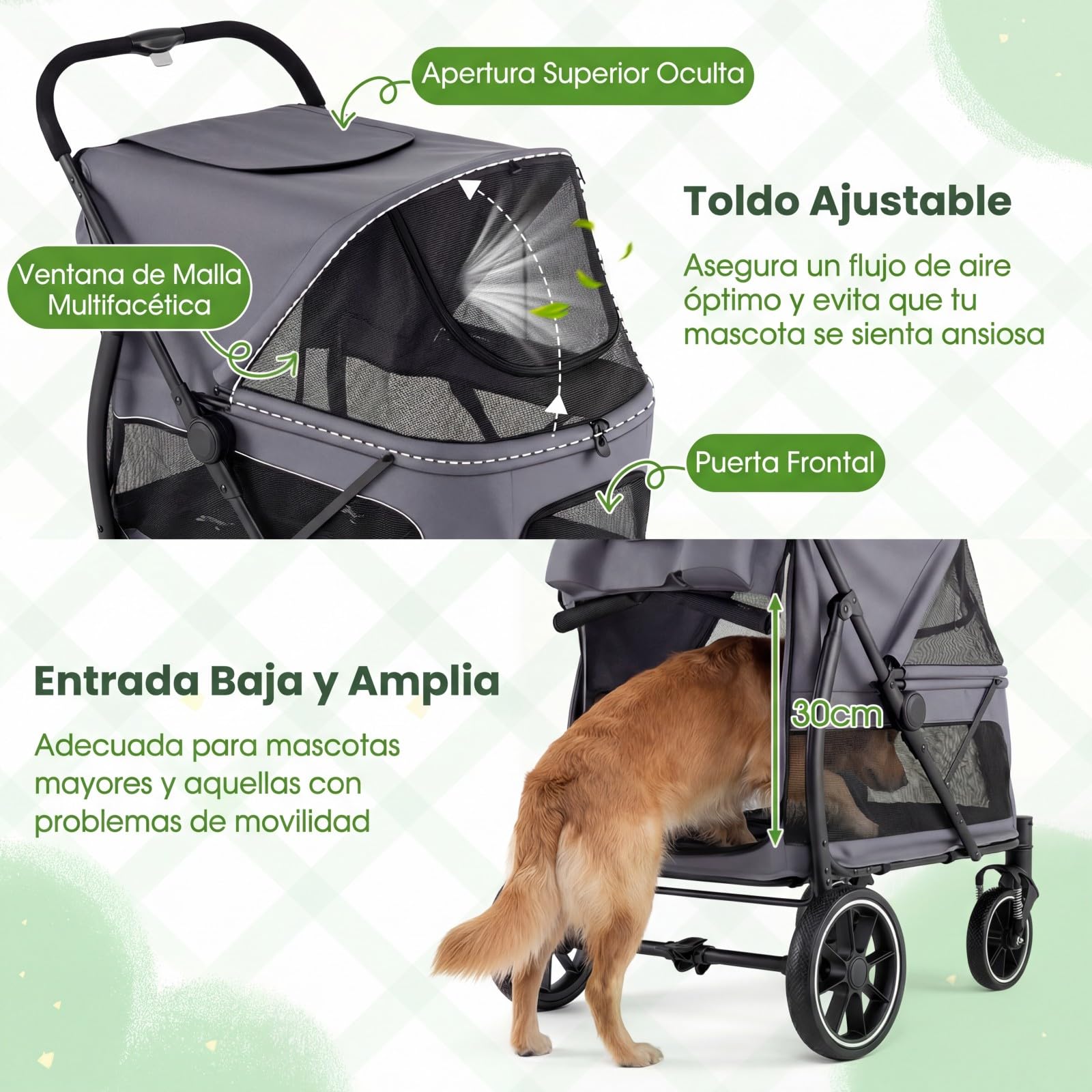 COSTWAY Carrito para Perros Plegable Grande, Cochecito para Mascotas con Ruedas, Toldo Ajustable de Malla, Bolsillos de Almacenamiento y Cinturón de Seguridad, Carga 40 kg, 96 x 71 x 102.5 cm (Gris)