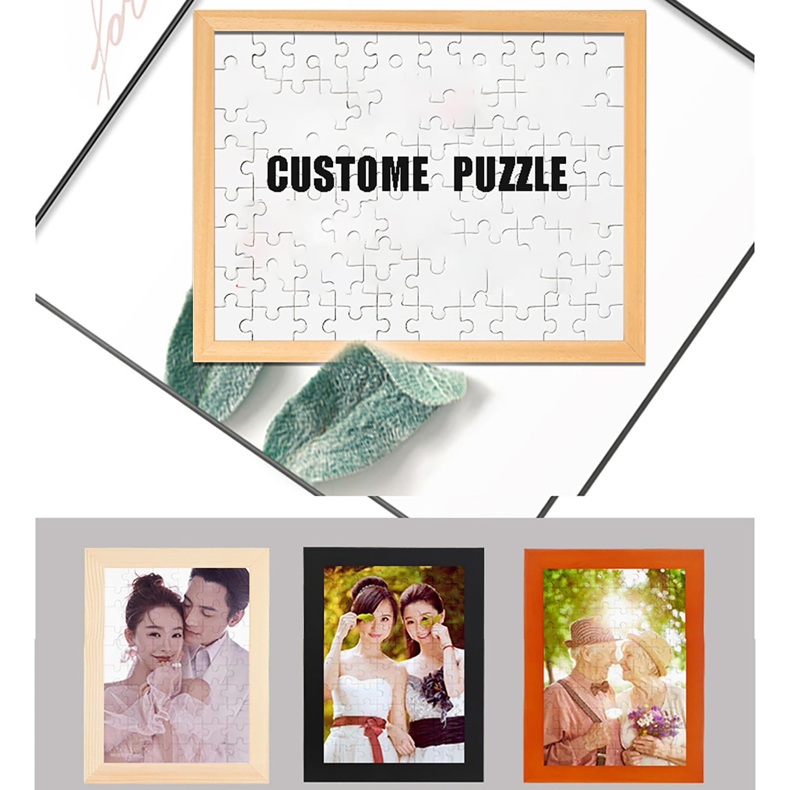 Rompecabezas de fotos personalizado de 1000 piezas de madera de tilo de 2 mm con marco de madera maciza con letras en la parte trasera para boda familiar, regalos únicos para papá, mamá, amigos y