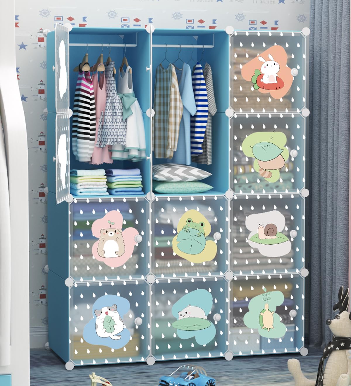 Sunderlook Plastic Wardrobe for Kids Clothes – Collapsible Wardrobe, DIY Foldable Baby Almirah for Clothes, Heavy Duty Freestanding Storage Baby Cupboard for Kids (Blue-KTI2, 12 Door)-image-26