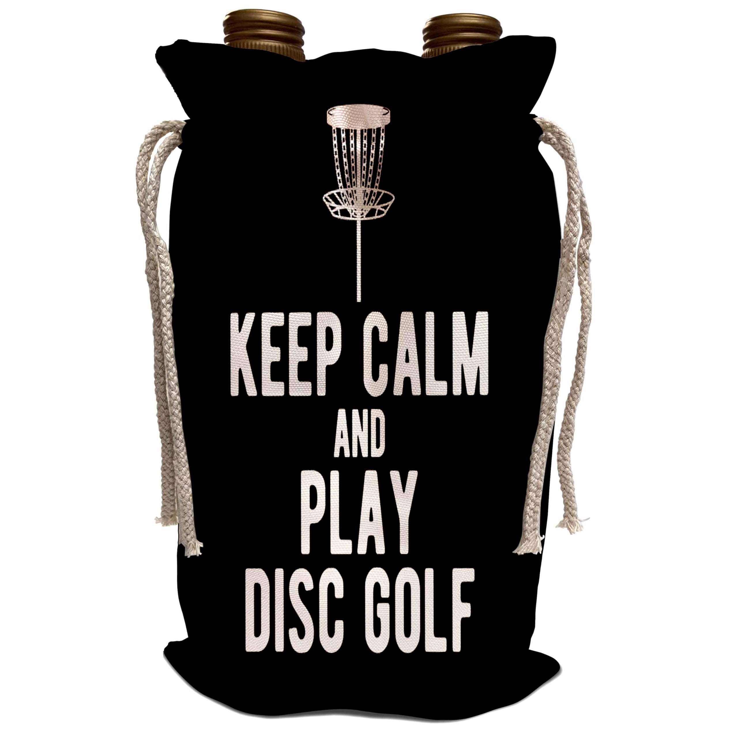 3dRose Keep Calm and Play Disc Golf with disc golf basket on black... - Wine Bags (wbg-382307-1)
