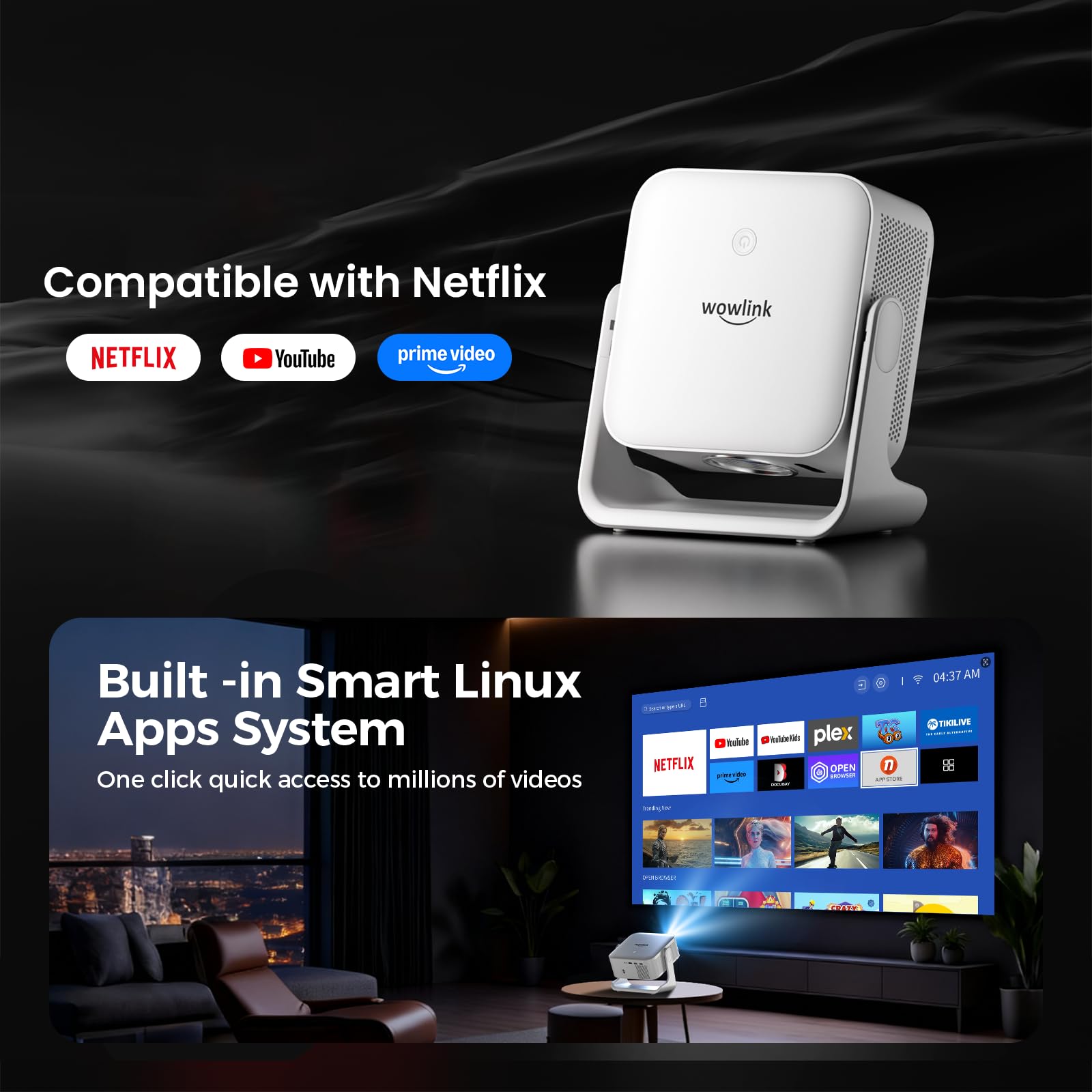 [Smart TV OS & HDR10+ & 3D Sound] 4K Vidéoprojecteur avec WiFi 6 et Bluetooth 5.4, Built-in Smart OS & Apps & Dual Speakers, 1080P Native Auto Focus & Keystone, Home Movie Projecteur - Blanc