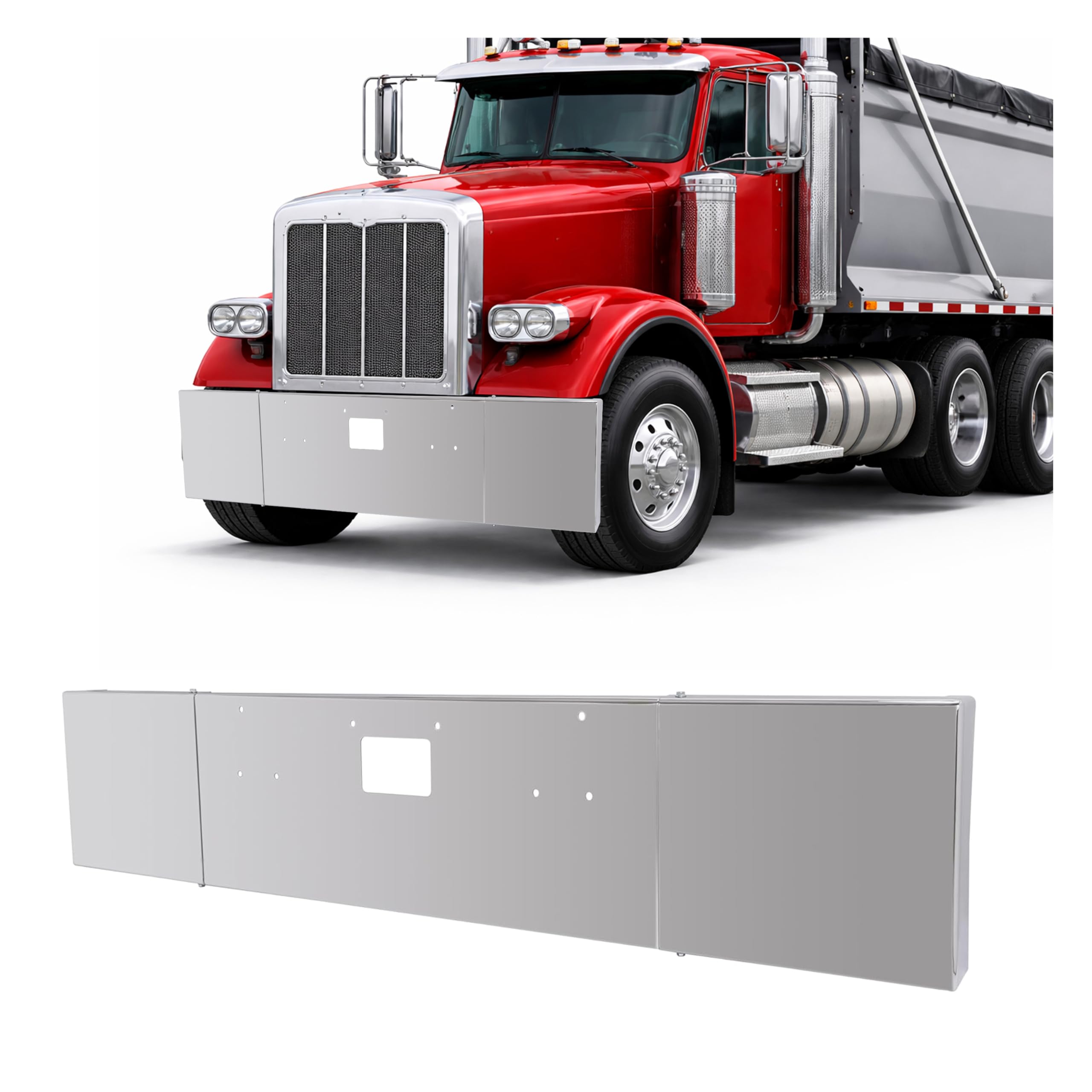 kuafu front bumper assembly 20" compatible with 1987-2007 peterbilt 357, 378, 379 bumper without fog light holes, w/boxed end, tow & mounting holes chrome steel silvery
