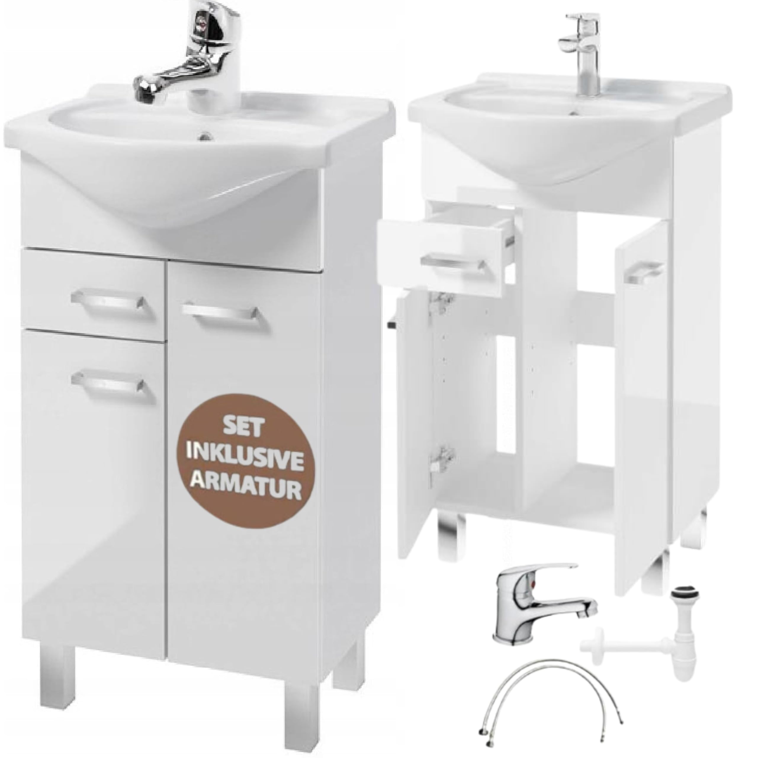 .Deftrans Badezimmerschrank mit Waschbecken 80 x 50 x 30 cm Stehend Badezimmerschrank mit Schublade und Unterschrank, lackiert, Elegantes Set mit Keramikwaschbecken