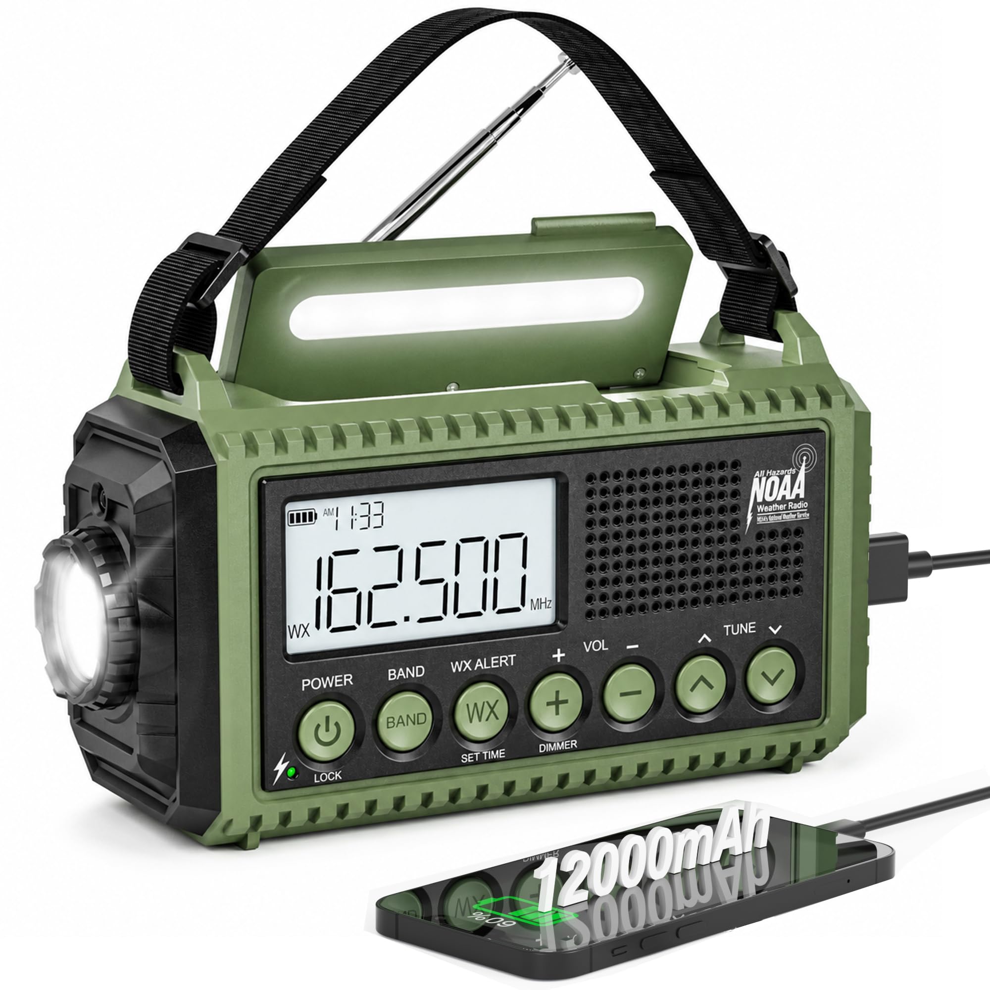 Eoxsmile NOAA Emergency Weather Radio Hand Crank Solar 12000mAh Battery