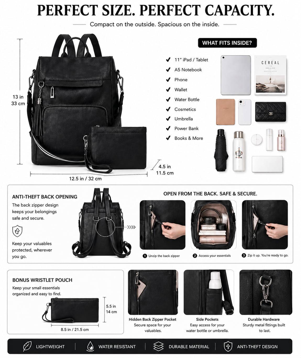 Craftwood Leather Backpack for women | Combo Bags | College and Office use | Direct from Factory| Premium Leather Texture, Black 3