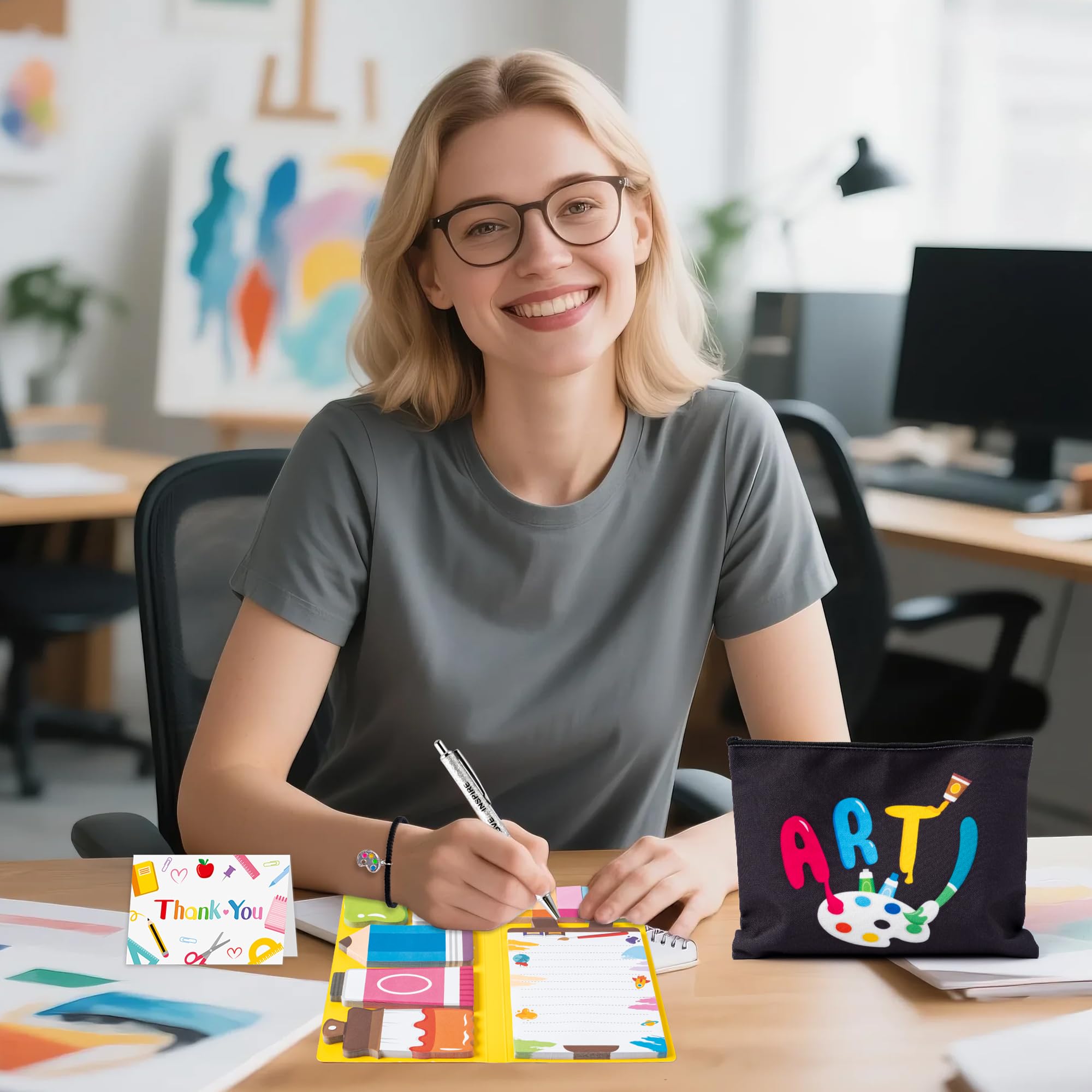 B1ykin Teacher Appreciation Gifts Set - 6pcs Best Teacher Ever Thank You Gifts with PU Notebook, Sticky Notes, Makeup Bag, Bracelet, Pen, Thank You Card for Coworkers Teachers (Art)