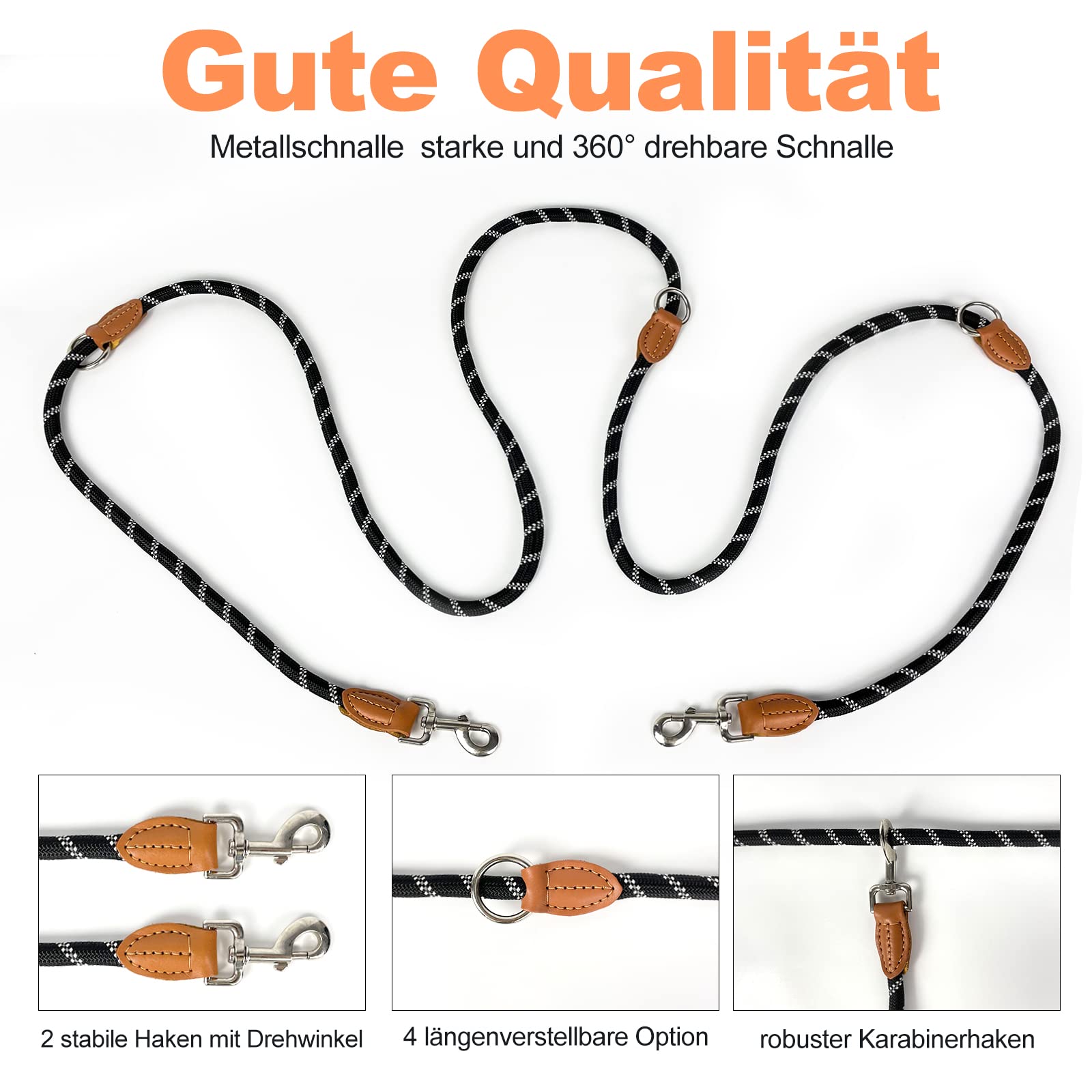 Trhillsbrad Guinzaglio per cani 3m x 14mm, guinzaglio regolabile per cani di taglia medio grande, guinzaglio doppio multifunzionale, robusto, nero.