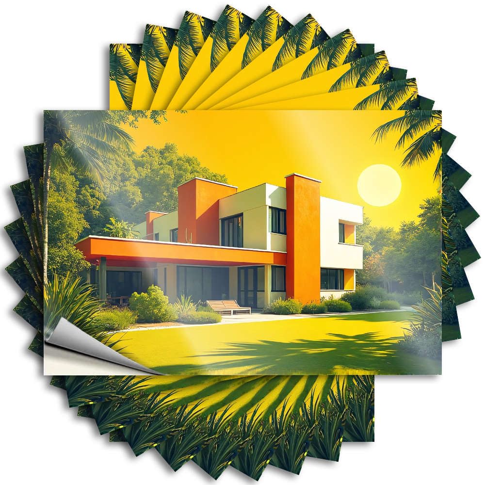 Modern House with Vibrant Colors and Lush Greenery. Funny Sticker Van Self Adhesive | Fall Helmet Vinyl Sticker Pack for Taupe(6X9CM)